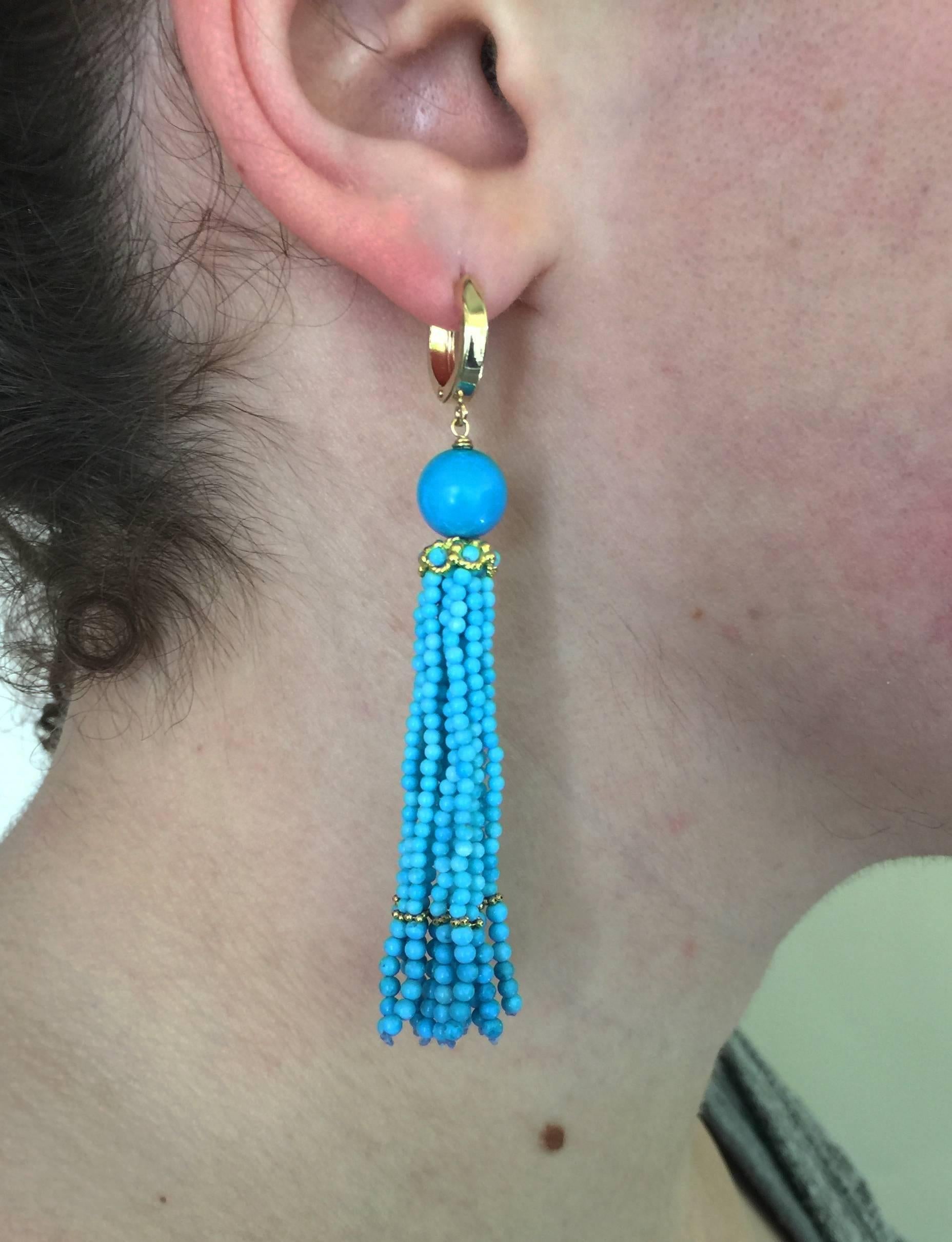 Marina J Turquoise Tassel Earrings with 14 K Gold Cup and Lever Back 1