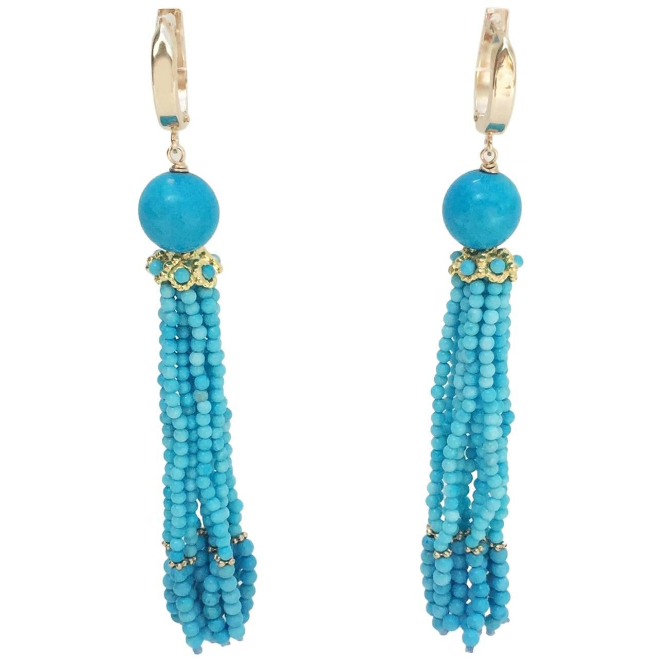 Marina J Turquoise Tassel Earrings with 14 K Gold Cup and Lever Back