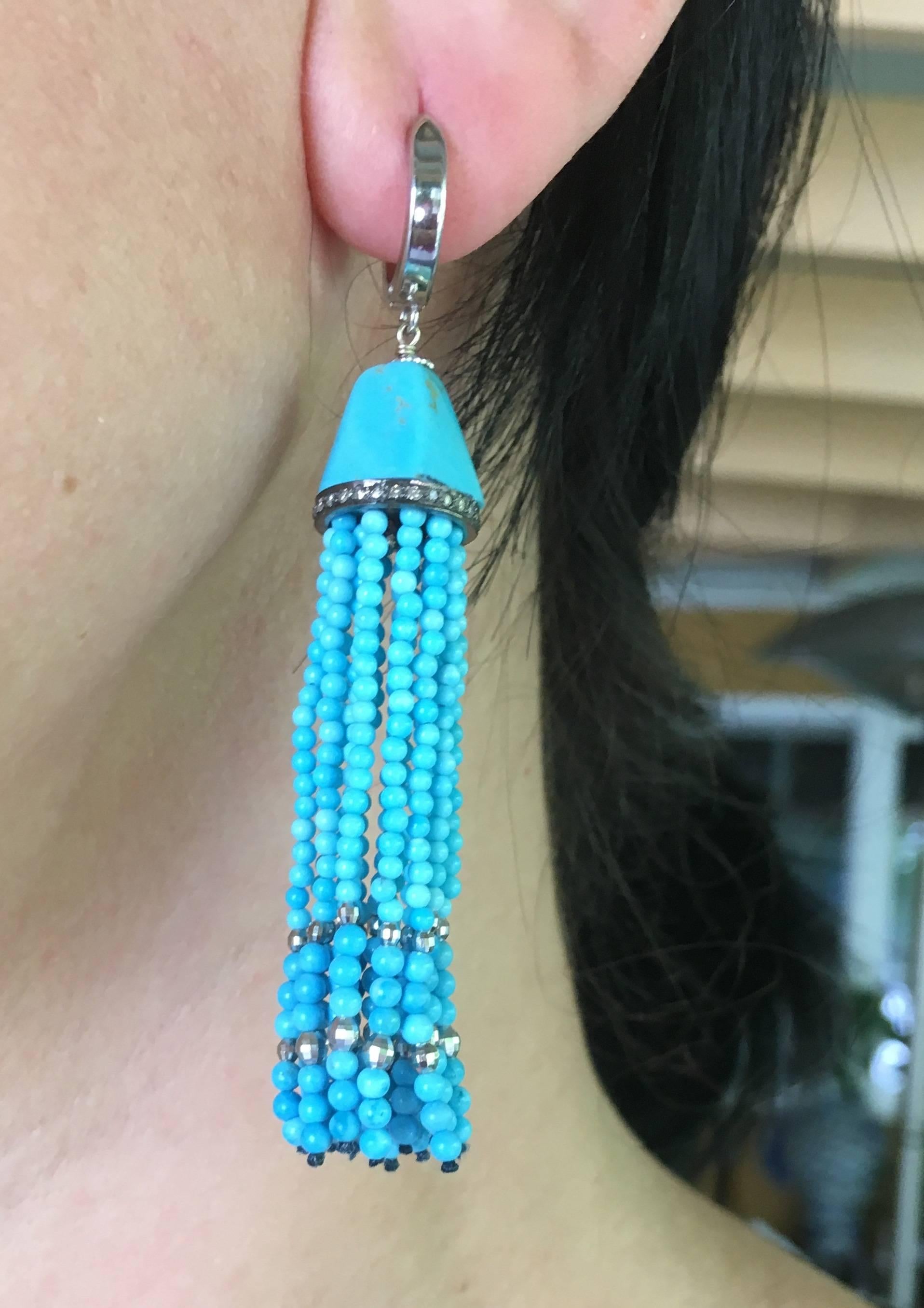 Women's by Marina J Turquoise beads Tassel Earrings with 14 K White Gold Lever Back 
