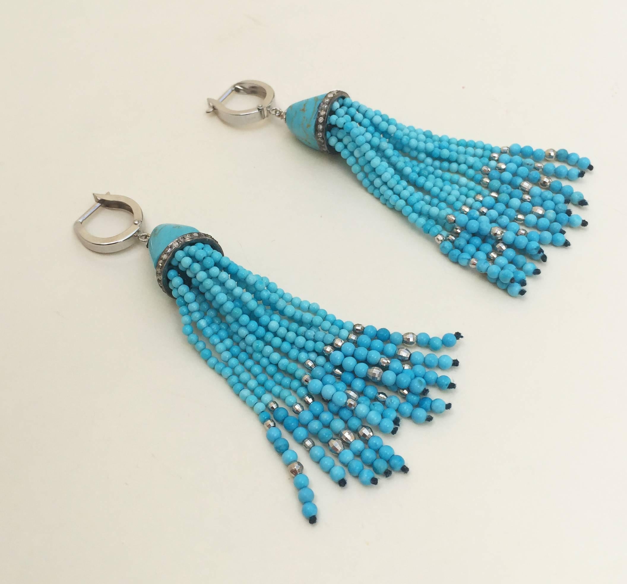 Bead by Marina J Turquoise beads Tassel Earrings with 14 K White Gold Lever Back 