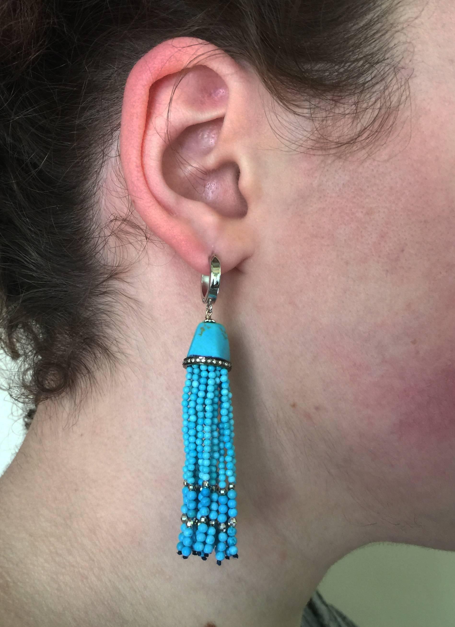 by Marina J Turquoise beads Tassel Earrings with 14 K White Gold Lever Back  In New Condition In Los Angeles, CA