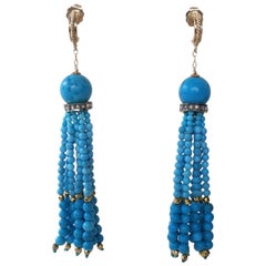 Turquoise Tassel Earrings with Diamonds and Vermeil Beads with 14 Karat Gold