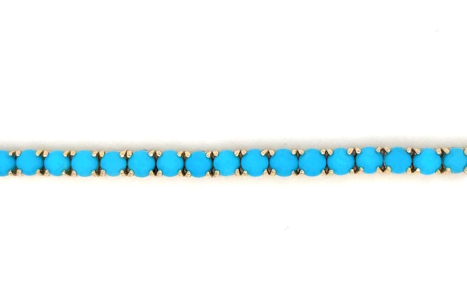 Contemporary Turquoise Tennis Bracelet 6.25 Carats 14K Yellow Gold For Sale