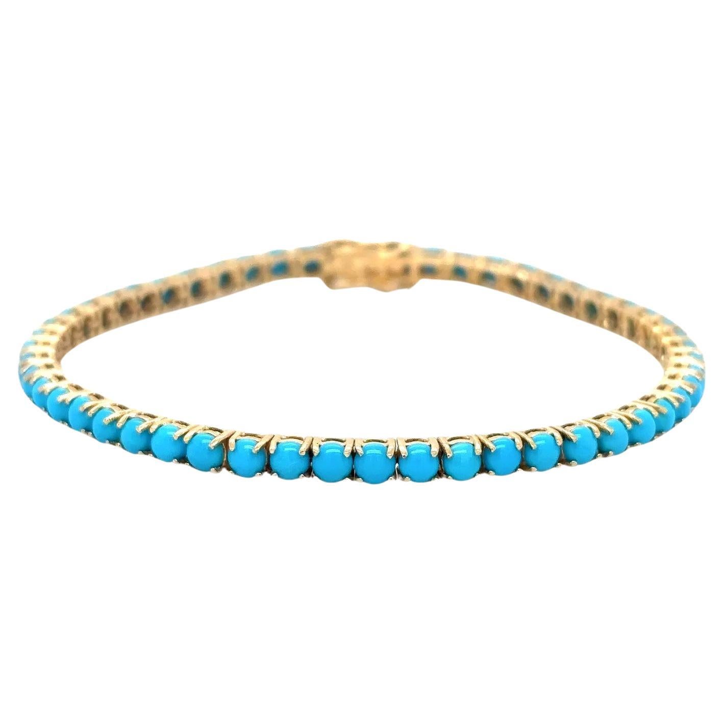 Turquoise Tennis Bracelet 6.25 Carats 14K Yellow Gold For Sale