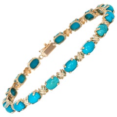 Turquoise Tennis Bracelet Vintage 14 Karat Yellow Gold Long Estate Jewelry