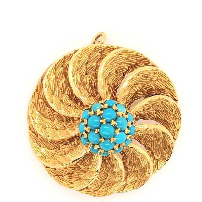 Cabochon Turquoise Textured Gold Leaf Floral Flower Circle Swirl Brooch Pendant For Sale
