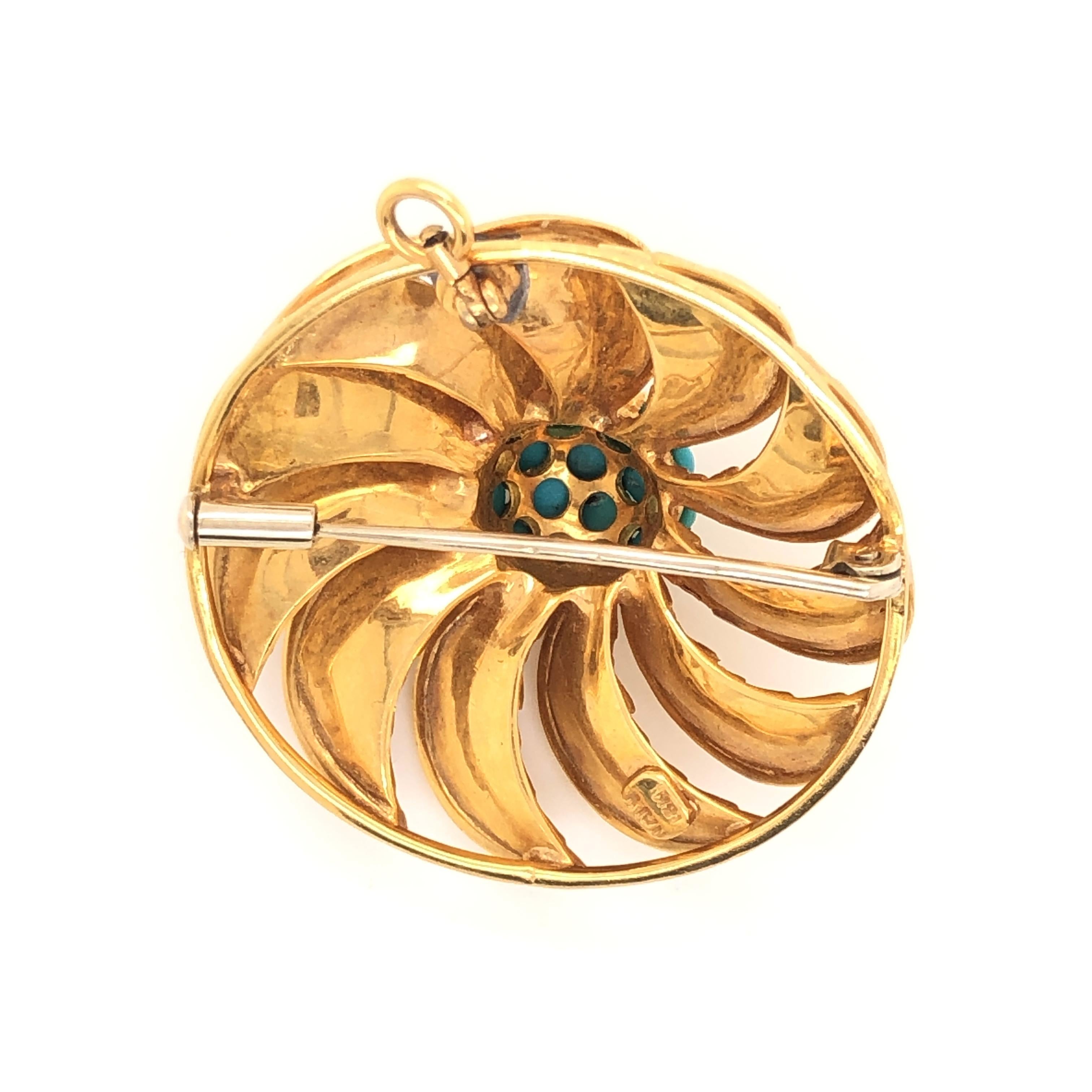 Turquoise Textured Gold Leaf Floral Flower Circle Swirl Brooch Pendant In Good Condition For Sale In Miami Beach, FL
