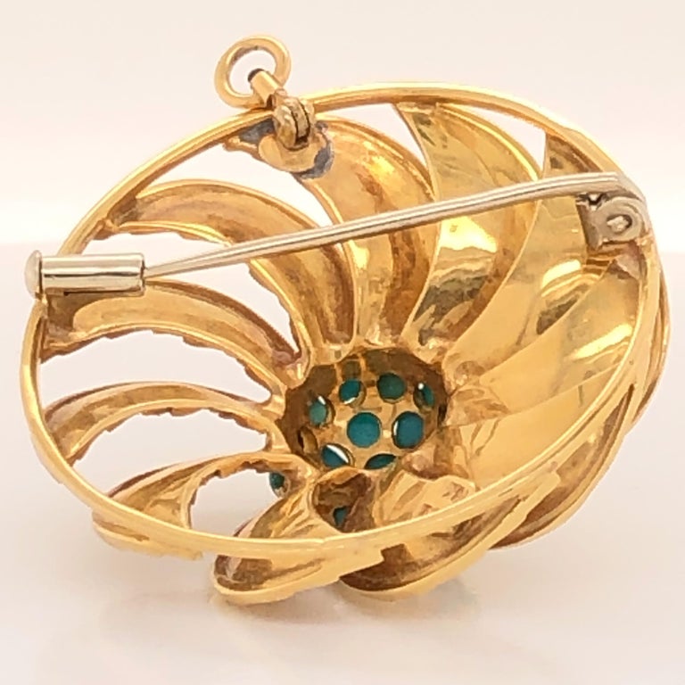 Turquoise Textured Gold Leaf Floral Flower Circle Swirl Brooch Pendant For Sale 1