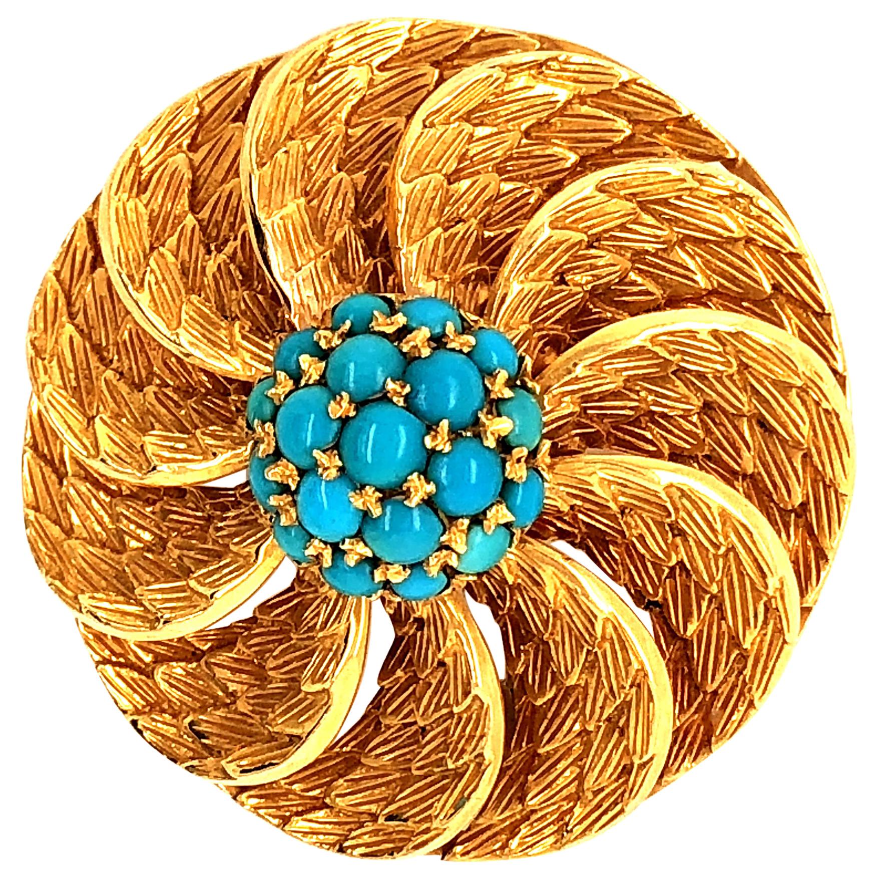 Turquoise Textured Gold Leaf Floral Flower Circle Swirl Brooch Pendant