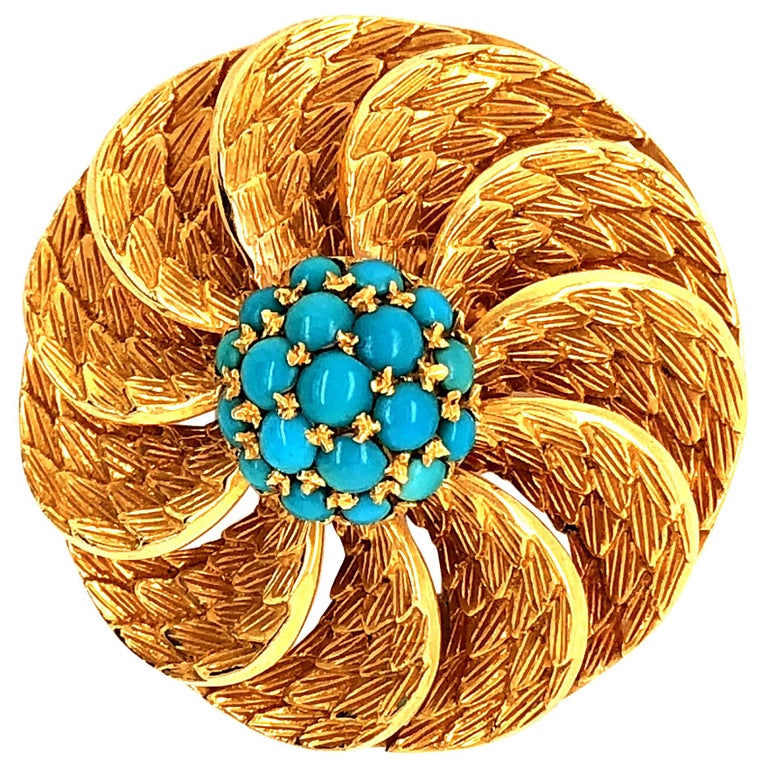 Turquoise Textured Gold Leaf Floral Flower Circle Swirl Brooch Pendant For Sale