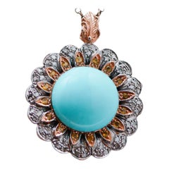 Pendentif en turquoise, topaze, diamants, or rose 14 carats et argent.