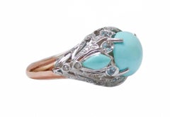 Turquoise, Topaz, Diamonds, 14 Karat Rose Gold and Silver Ring.