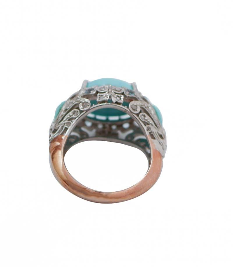 Retro Turquoise, Topaz, Diamonds, 14 Karat Rose Gold and Silver Ring. For Sale