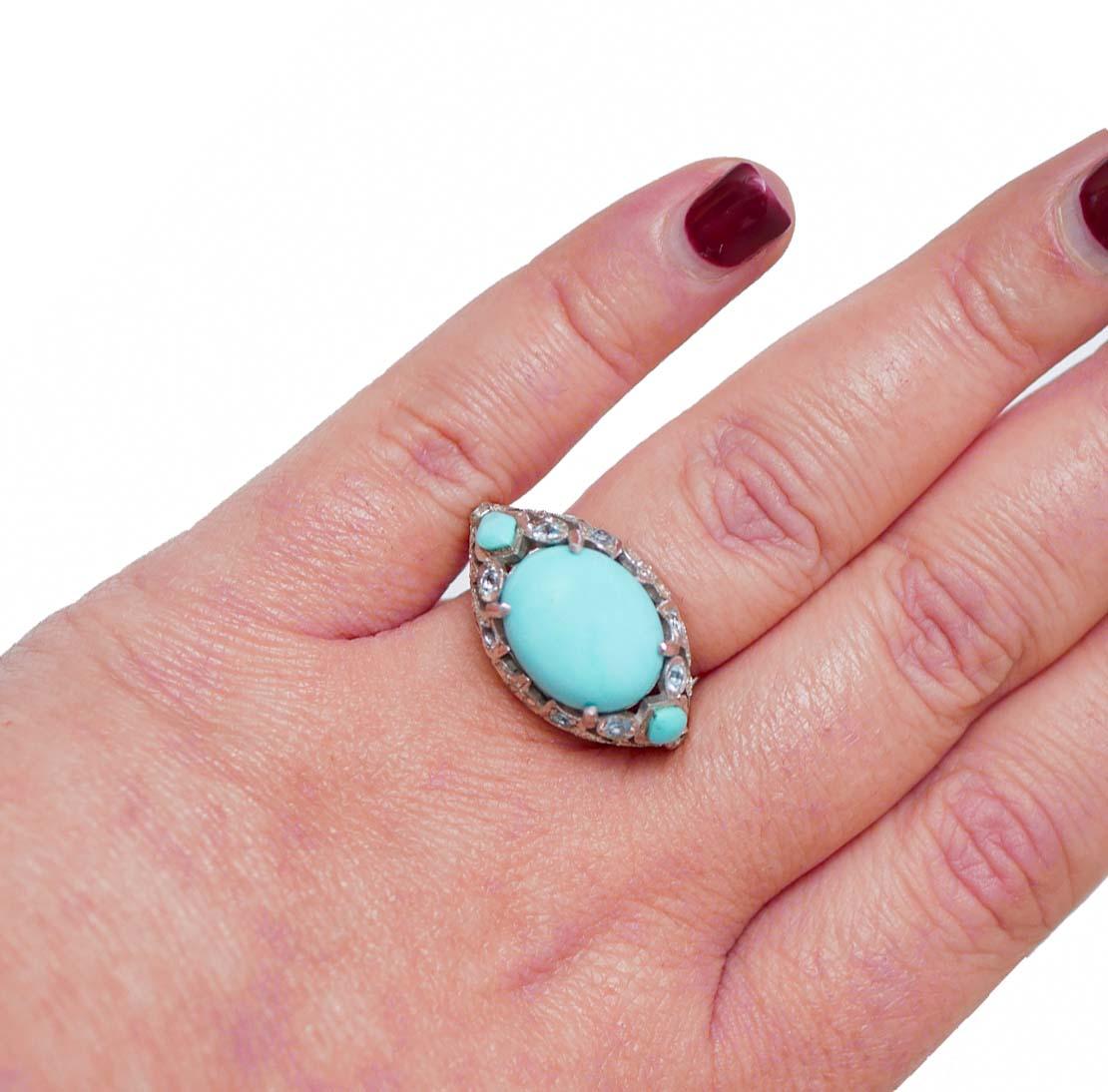 Turquoise, Topaz, Diamonds, 14 Karat Rose Gold and Silver Ring. In Good Condition For Sale In Marcianise, Marcianise (CE)