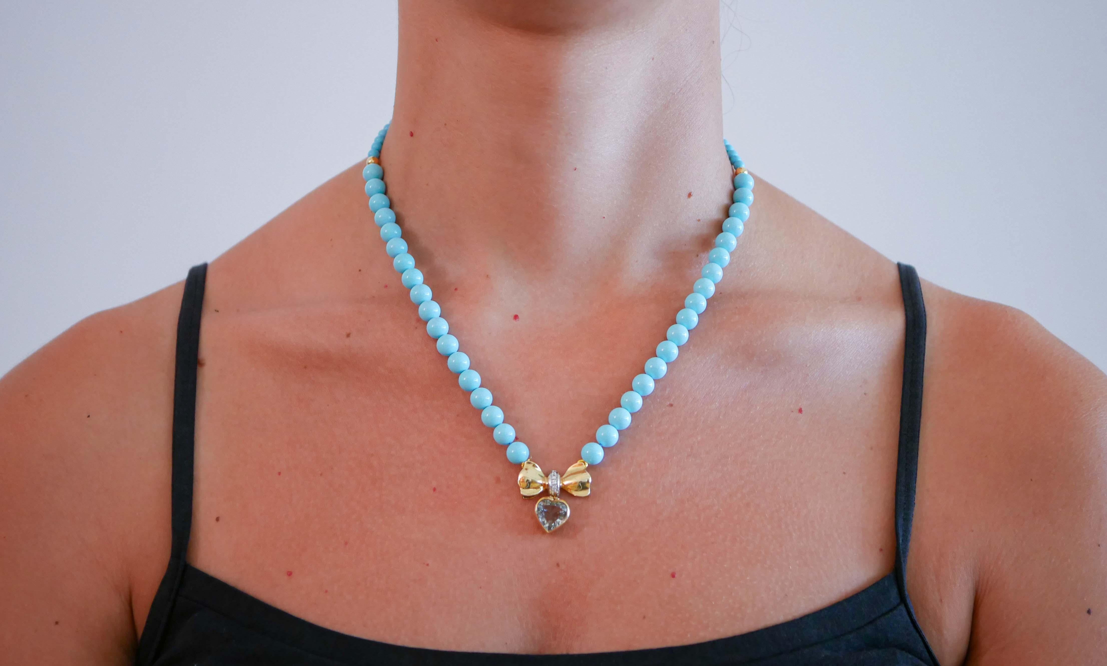 Women's Turquoise, Topaz, Diamonds, 18 Karat Yellow Gold Necklace. For Sale