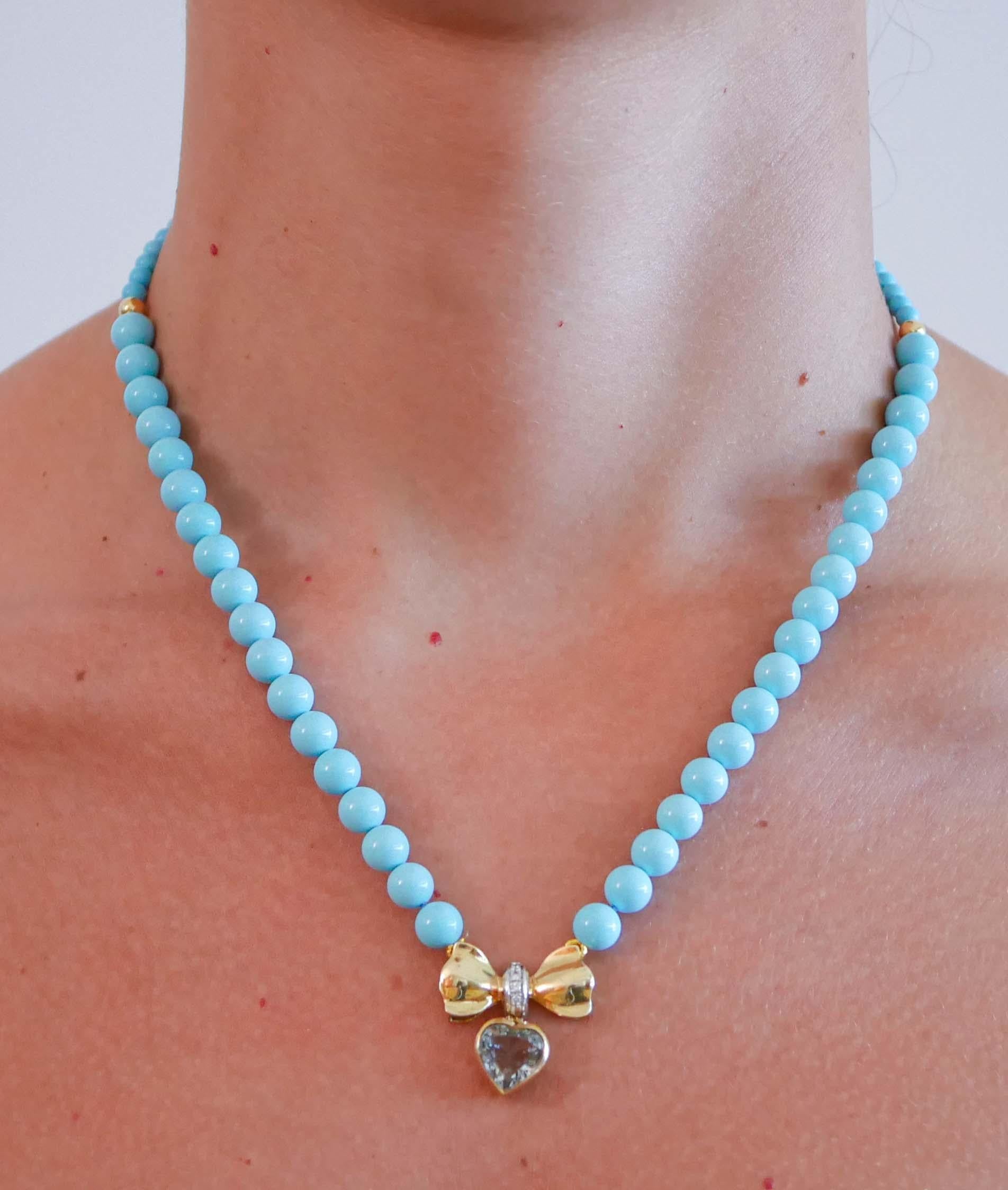 Turquoise, Topaz, Diamonds, 18 Karat Yellow Gold Necklace. For Sale 1