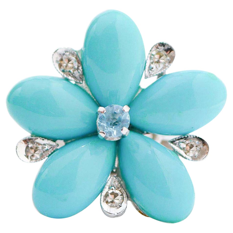 Platinring mit Türkis, Topas, Diamanten, Platin.