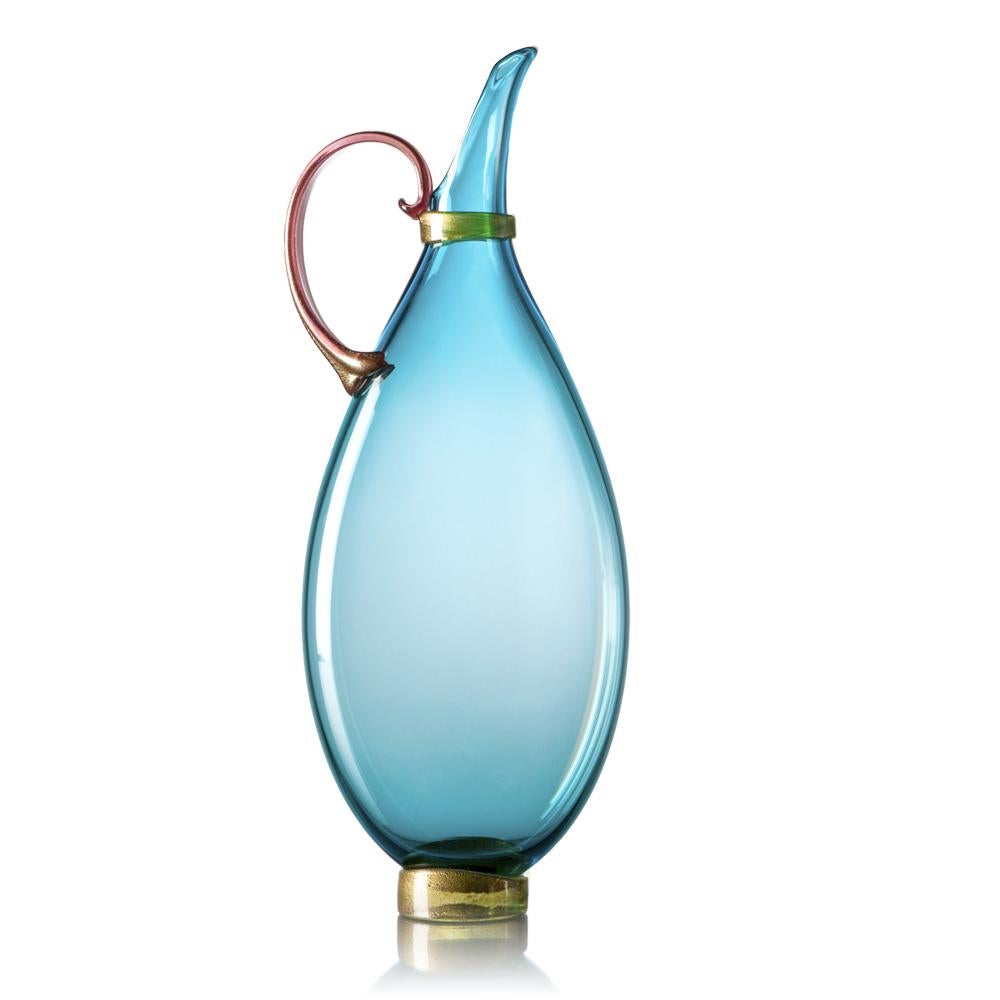 American Turquoise, Topaz, Ruby Set of 3 Colorful Hand Blown Glass Decanters, Vetro Vero For Sale