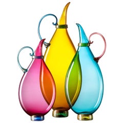 Turquoise, Topaz, Ruby Set of 3 Colorful Hand Blown Glass Decanters, Vetro Vero