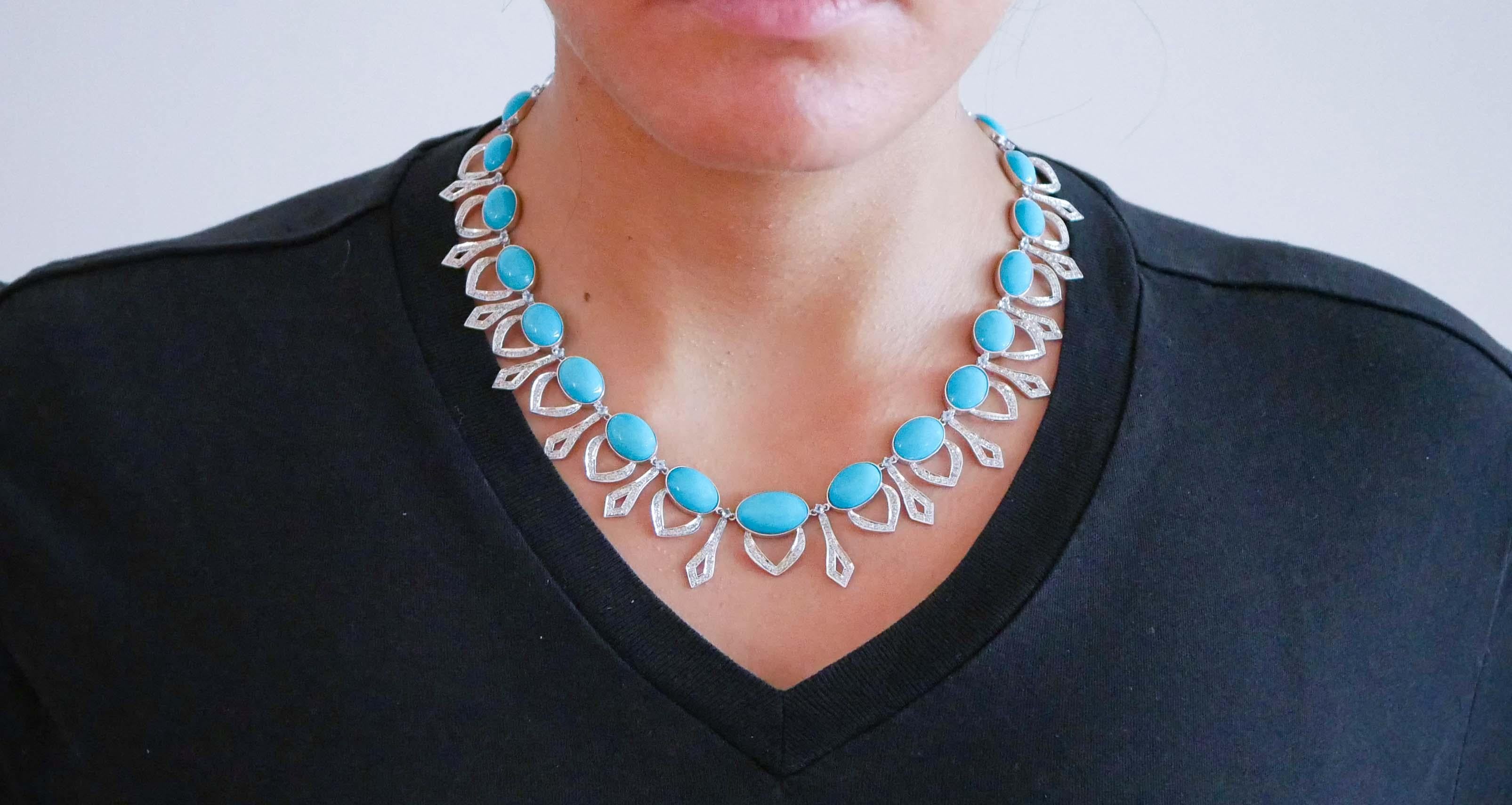 Mixed Cut Turquoise, Topazs, Diamonds, 14 Karat White Gold Necklace. For Sale