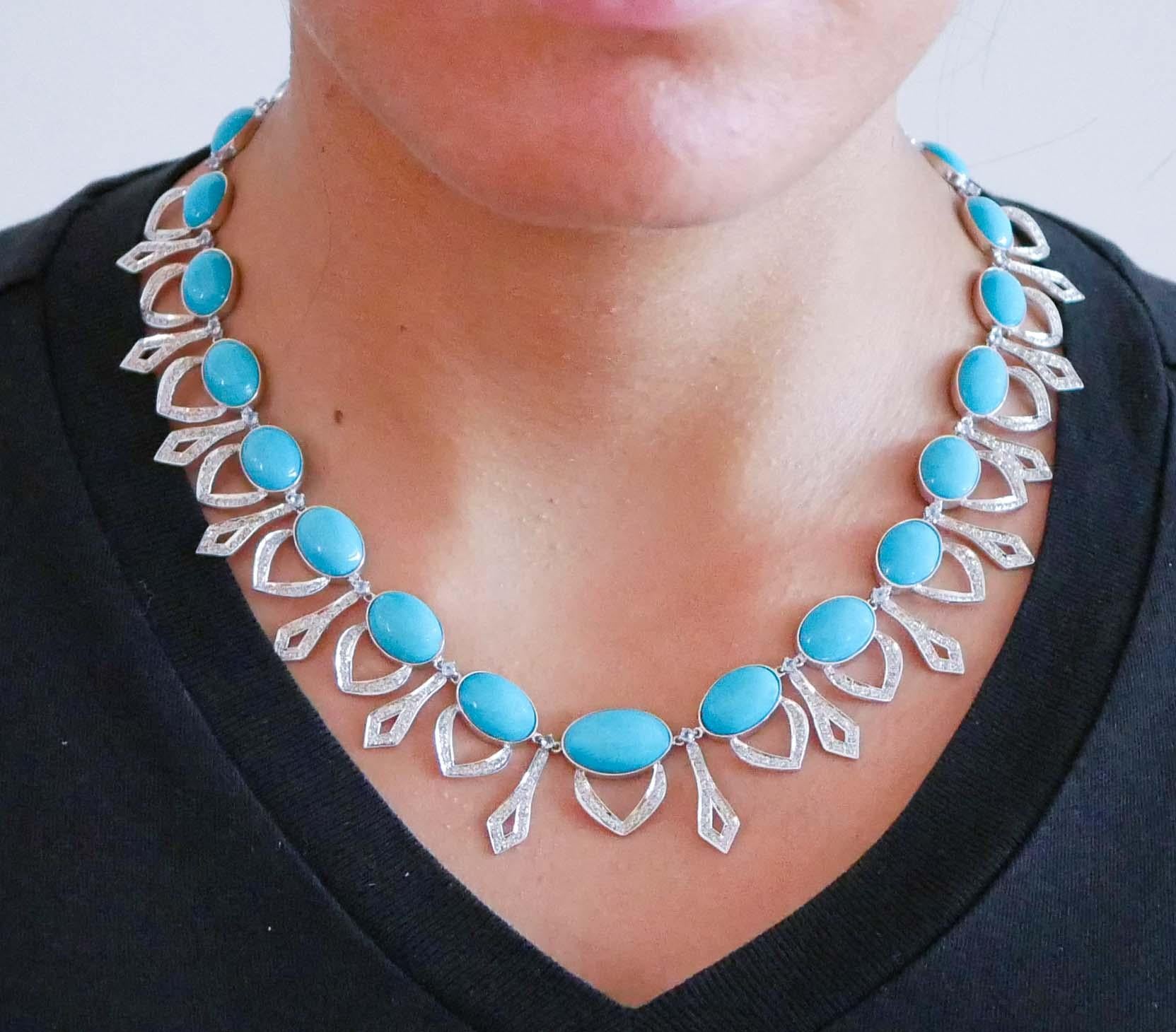 Turquoise, Topazs, Diamonds, 14 Karat White Gold Necklace. In Good Condition For Sale In Marcianise, Marcianise (CE)
