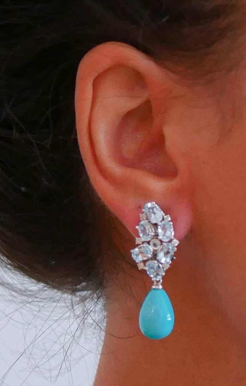Turquoise, Topazs, Diamonds, 14 Karat White Gold Retrò Earrings. In Good Condition In Marcianise, Marcianise (CE)