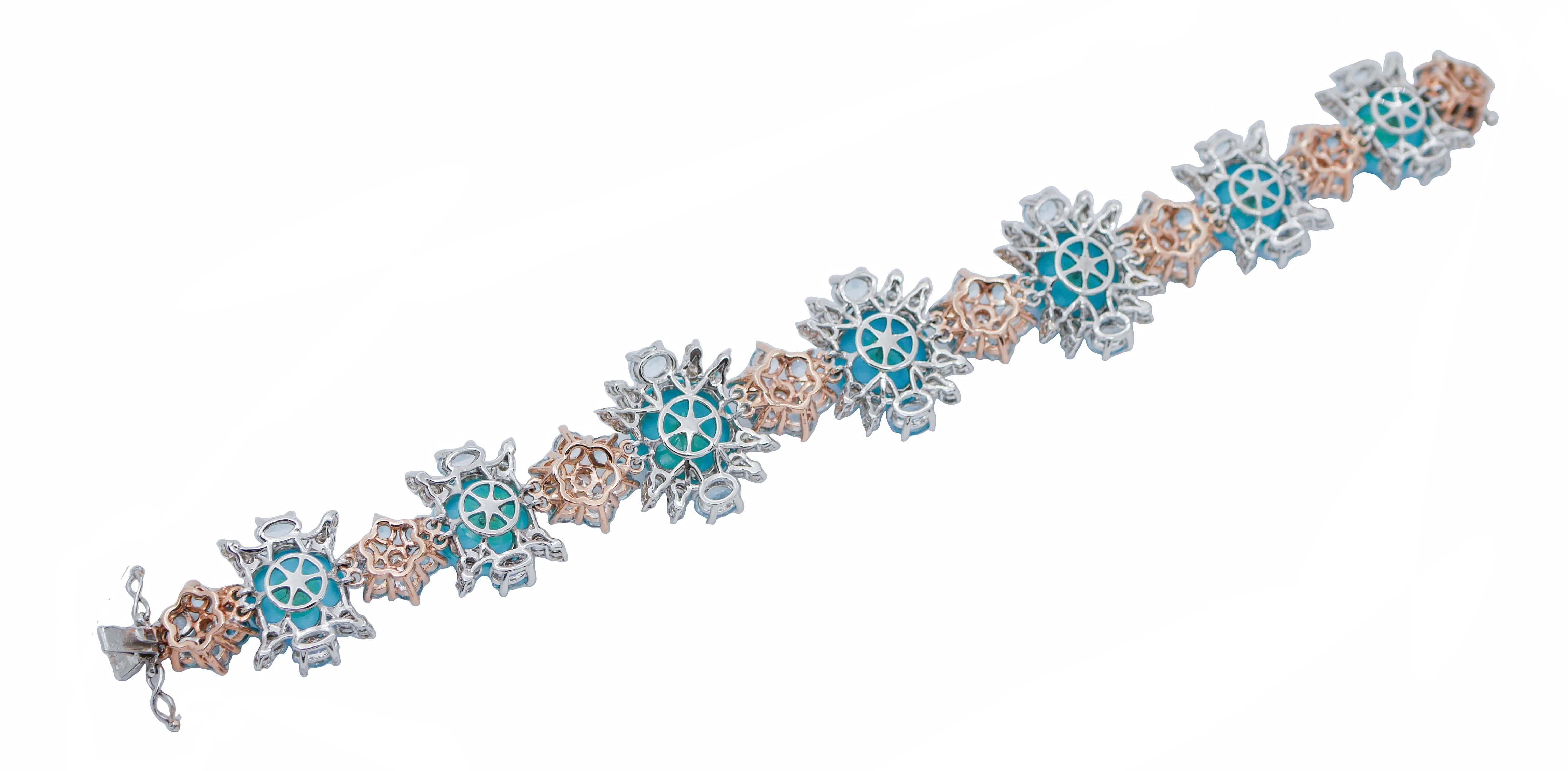 Retro Turquoise, Topazs, Diamonds, 14 Karat White and Rose Gold Bracelet For Sale