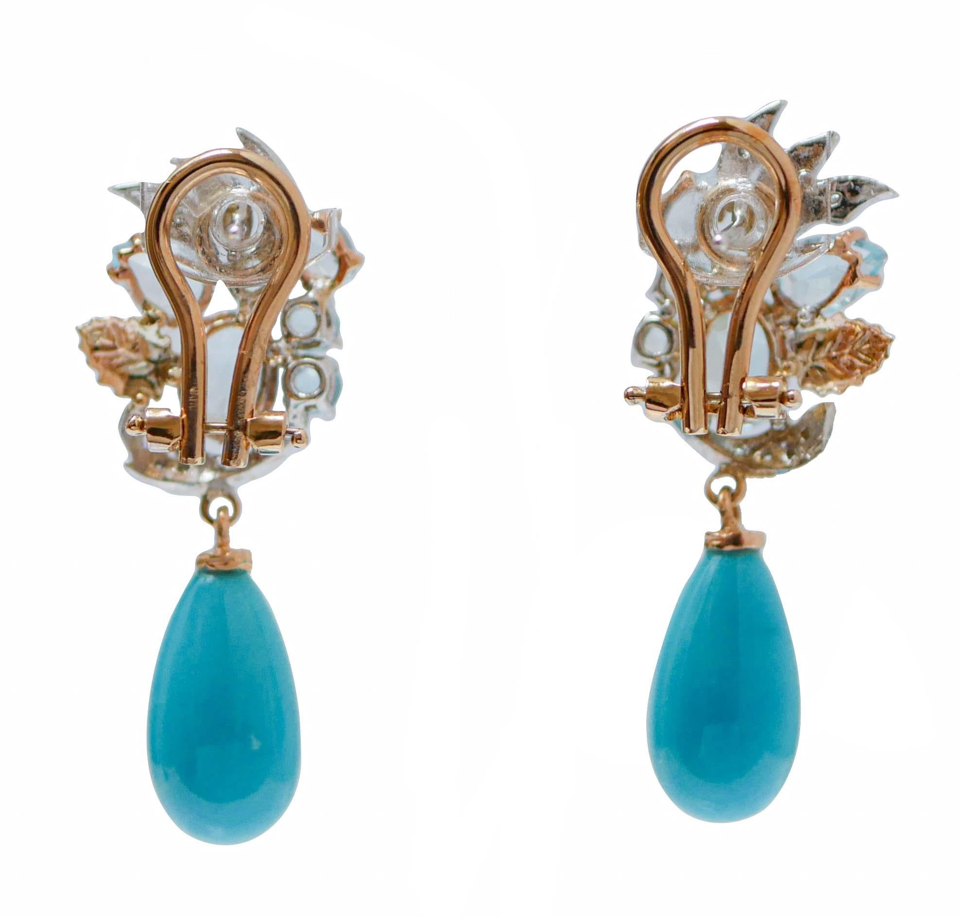 Retro Turquoise, Topazs, Diamonds, 14 Kt White Gold and Rose Gold Earrings. For Sale
