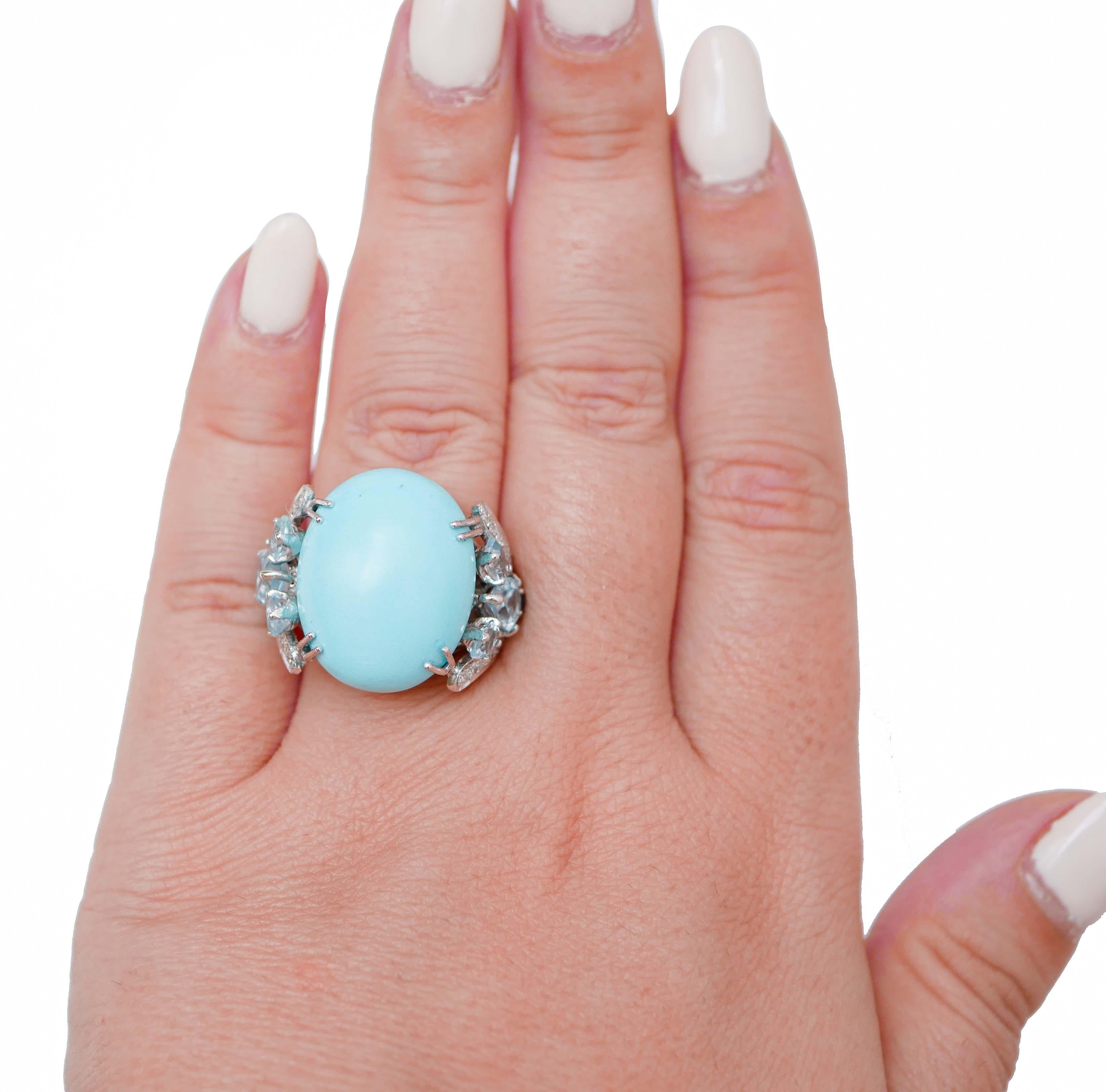 Mixed Cut Turquoise, Topazs, Diamonds, Platinum and 14 Karat White Gold Ring For Sale