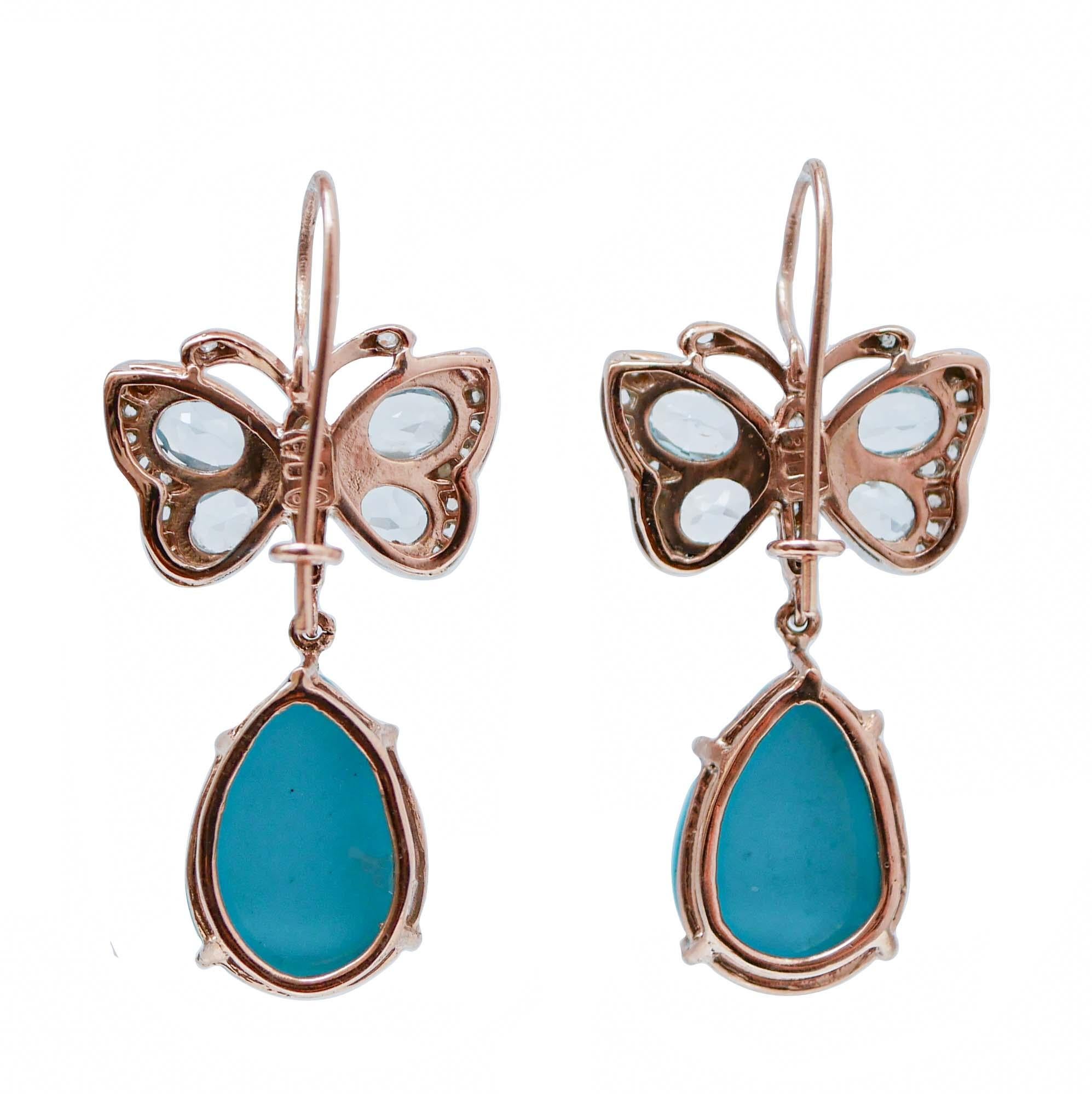 Retro Turquoise, Topazs, Diamonds, Rose Gold and Silver Dangle Earrings.