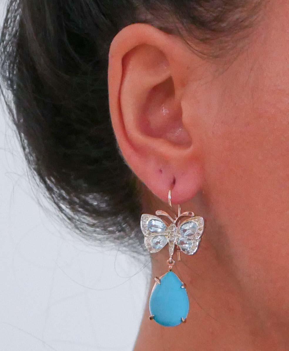Turquoise, Topazs, Diamonds, Rose Gold and Silver Dangle Earrings. In Good Condition In Marcianise, Marcianise (CE)