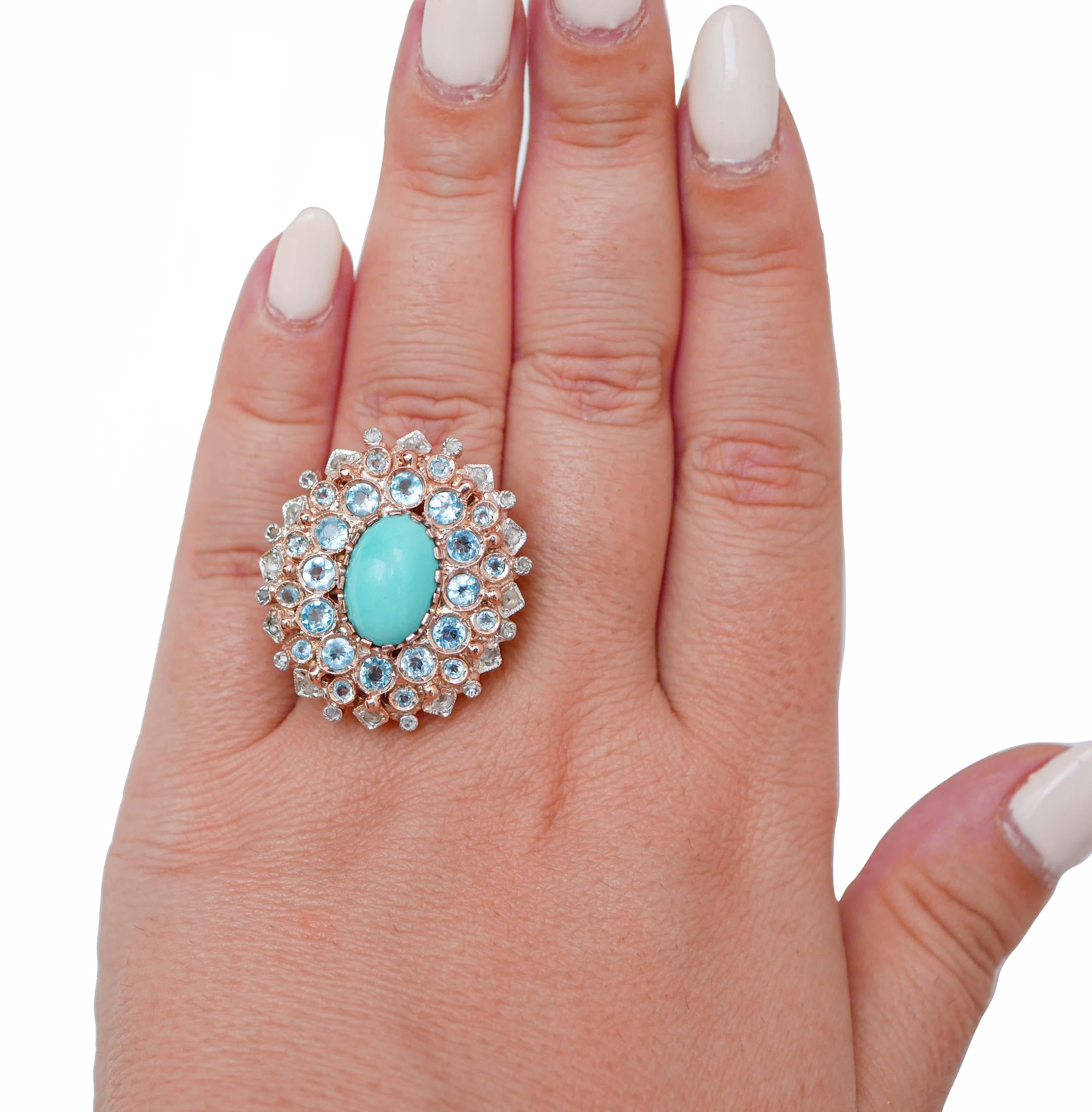 Mixed Cut Turquoise, Topazs, Diamonds, Rose Gold and Silver Ring. For Sale