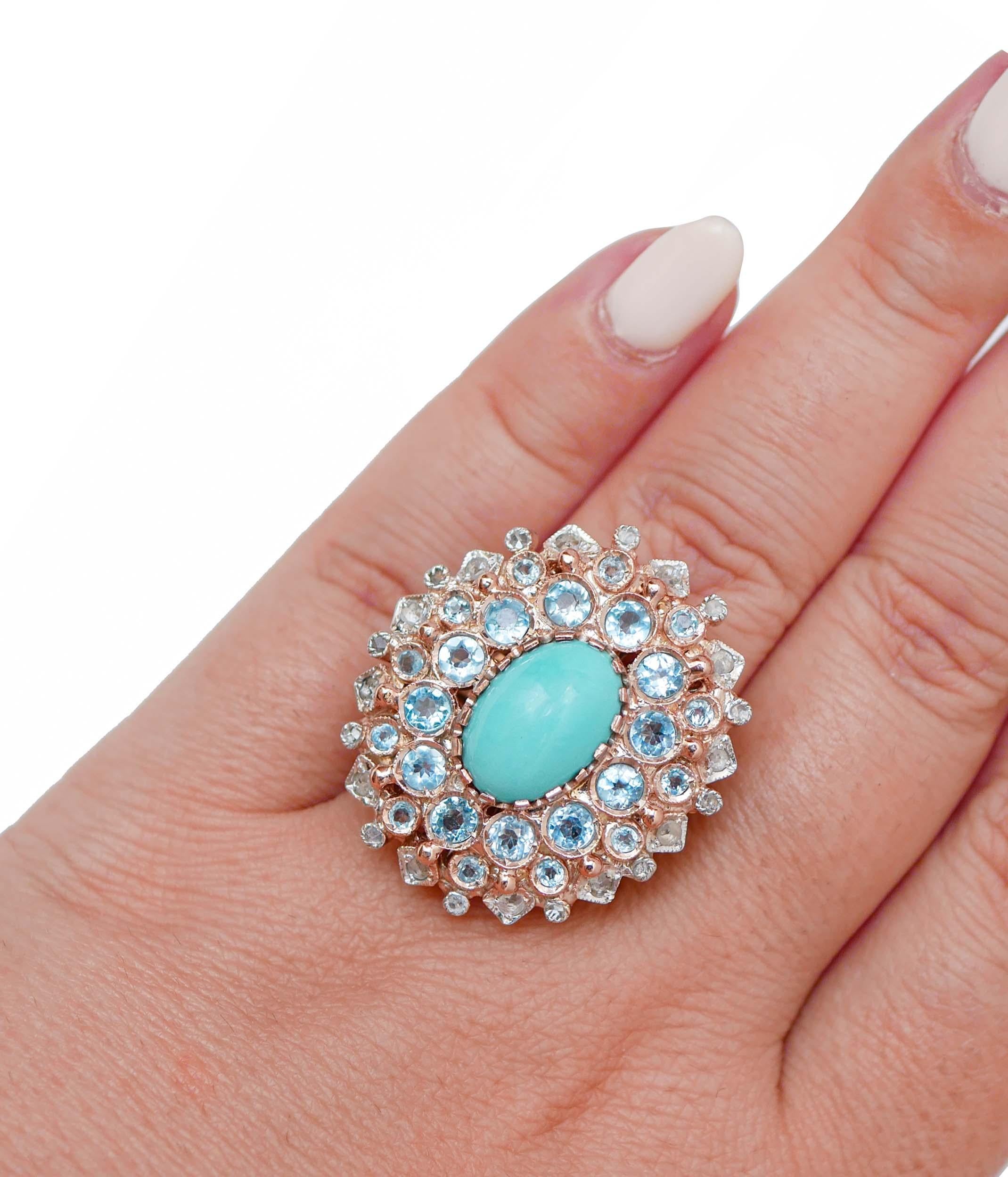 Turquoise, Topazs, Diamonds, Rose Gold and Silver Ring. In Good Condition For Sale In Marcianise, Marcianise (CE)