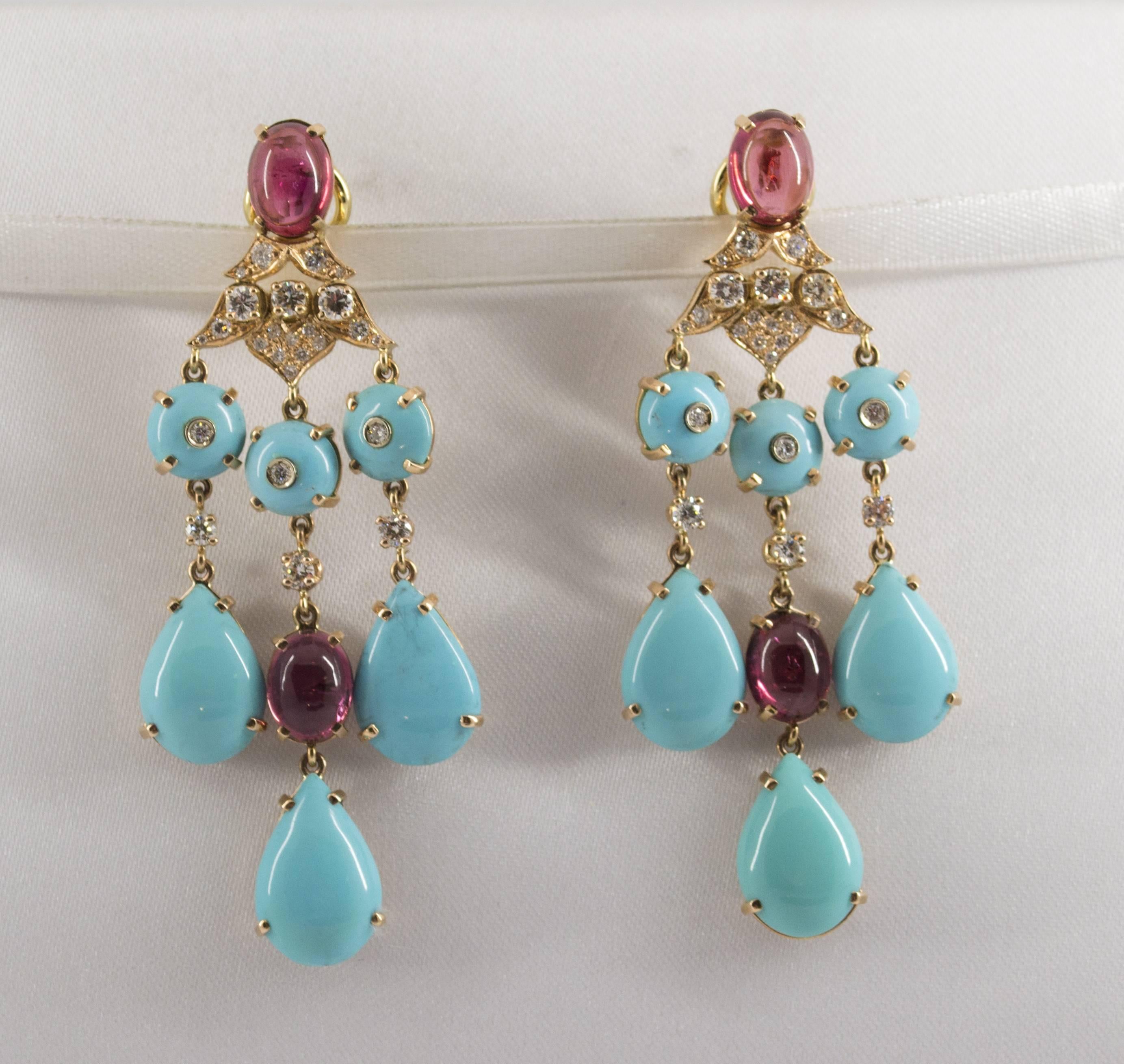 These Earrings are made of 14K Yellow Gold.
These Earrings have 1.40 Carats of Diamonds.
These Earrings have Turquoise and Tourmaline.
We're a workshop so every piece is handmade, customizable and resizable.