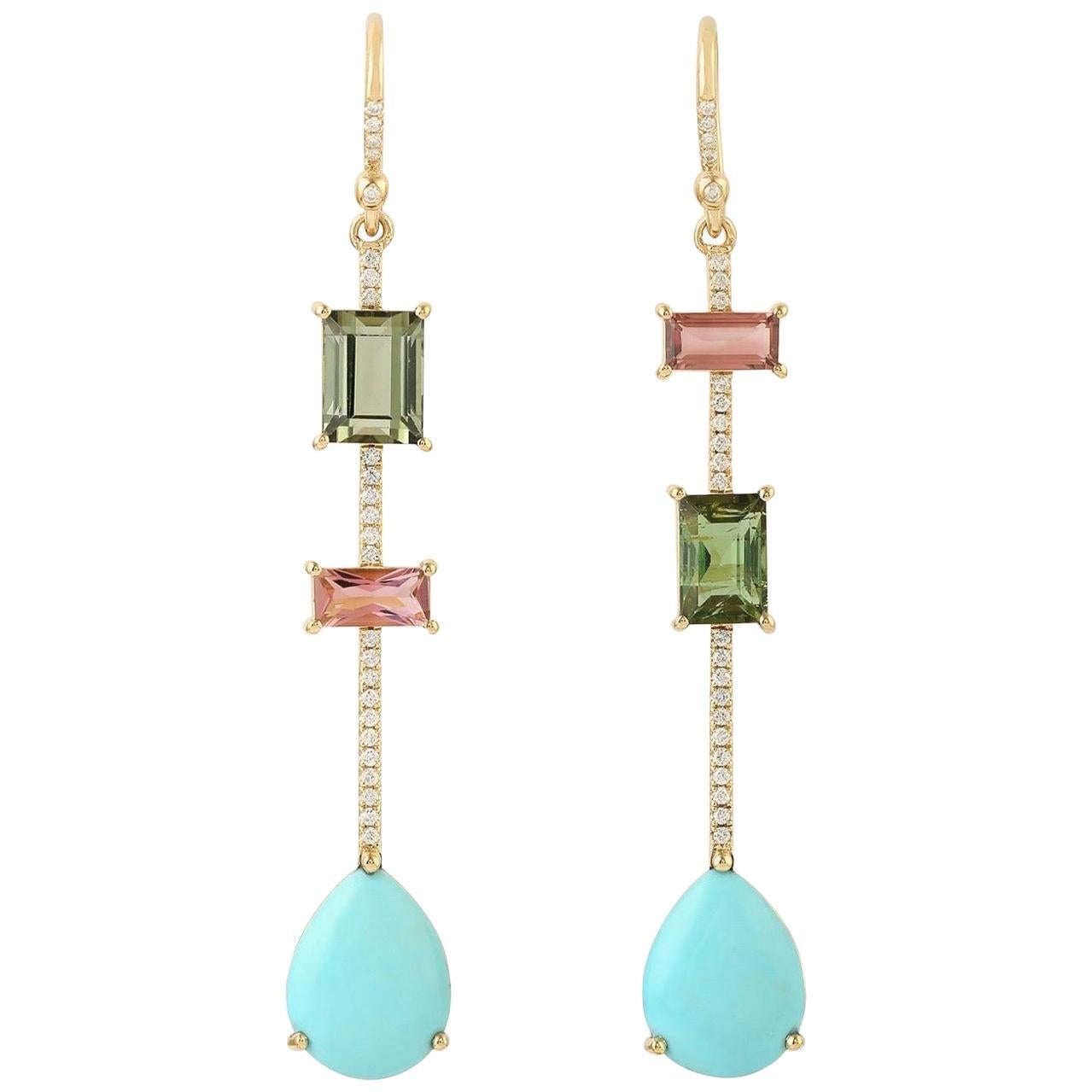 Turquoise Tourmaline 18 Karat Gold Linear Diamond Earrings For Sale