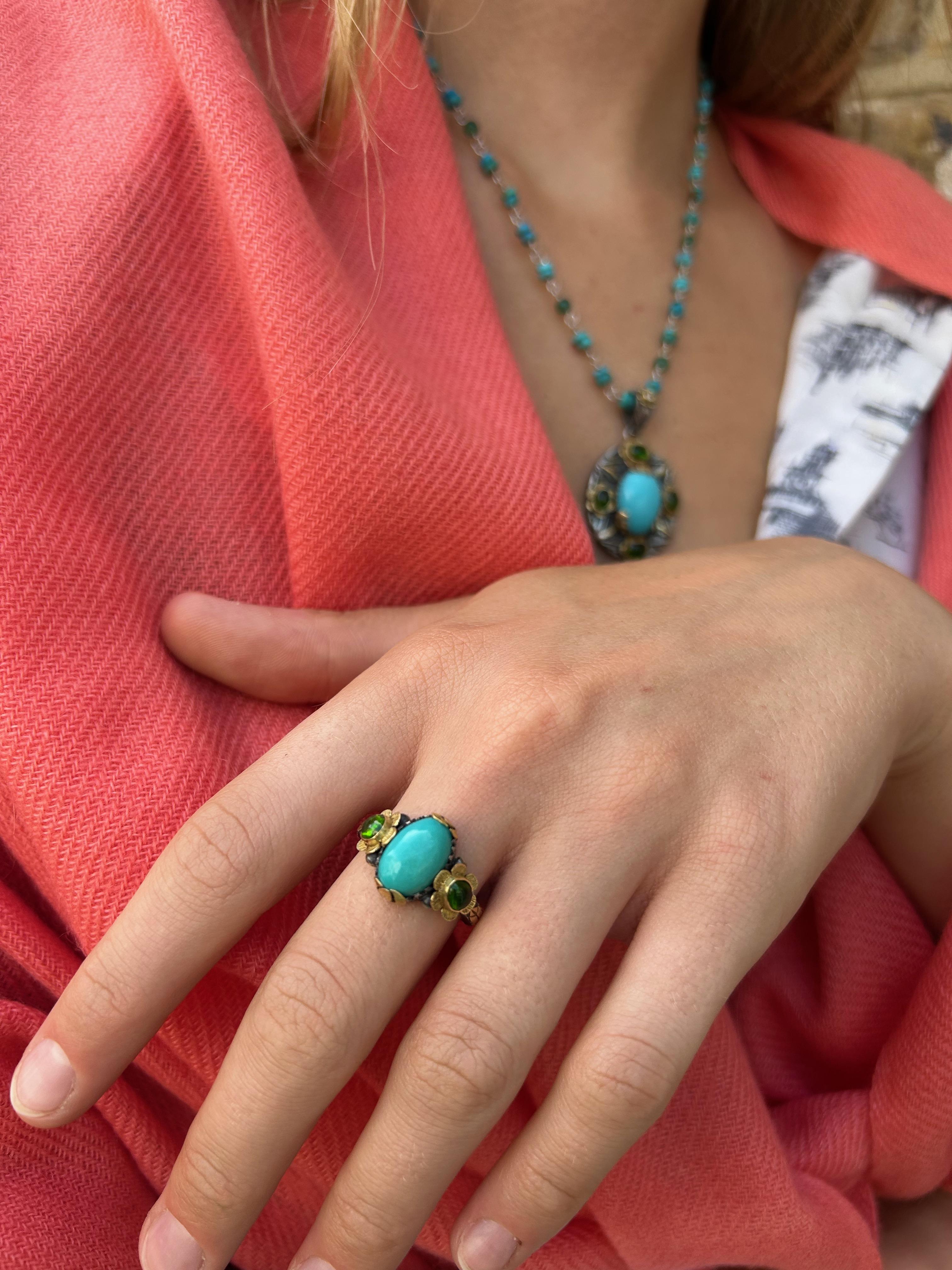 Anello con tormalina turchese in argento e oro 18 carati In condizioni Nuovo in vendita a Frome, Somerset