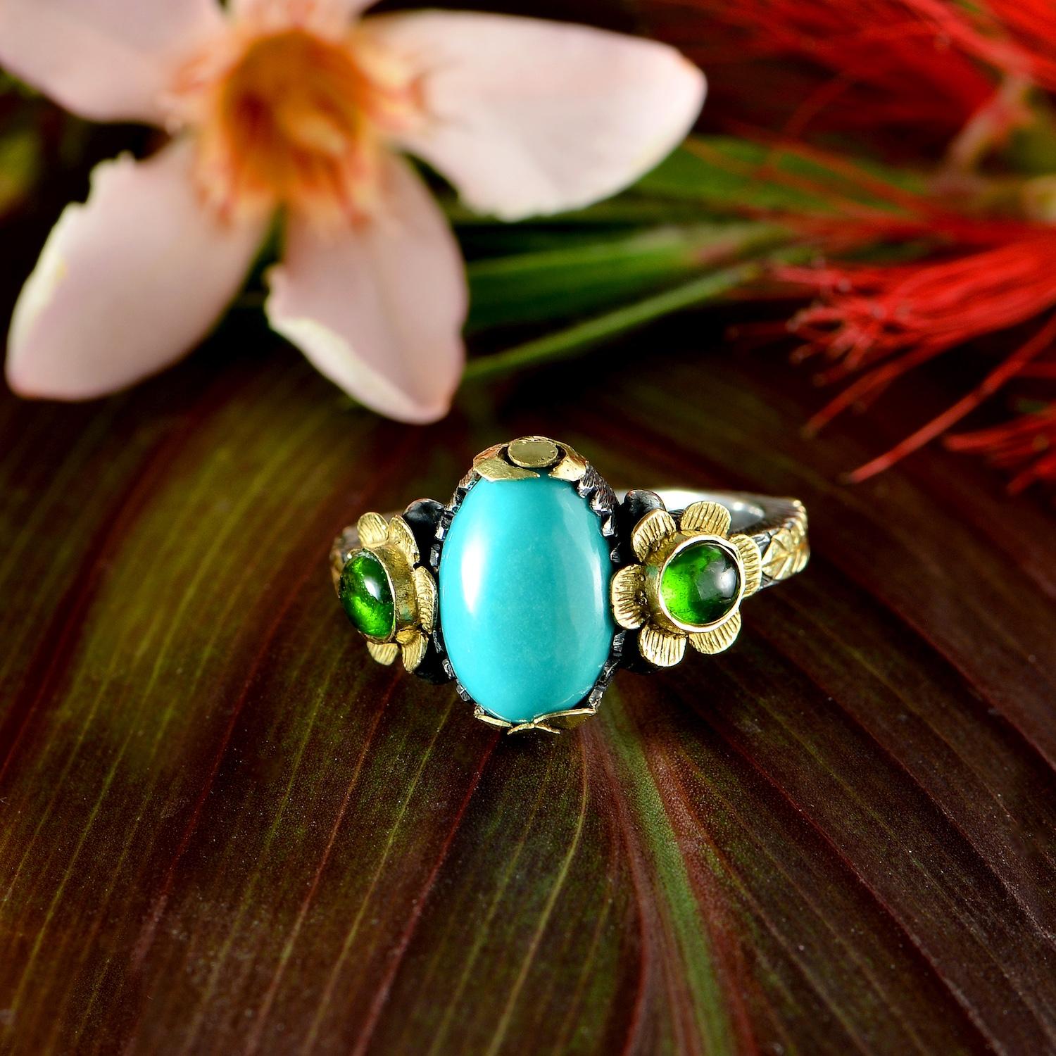 Anello con tormalina turchese in argento e oro 18 carati in vendita 1