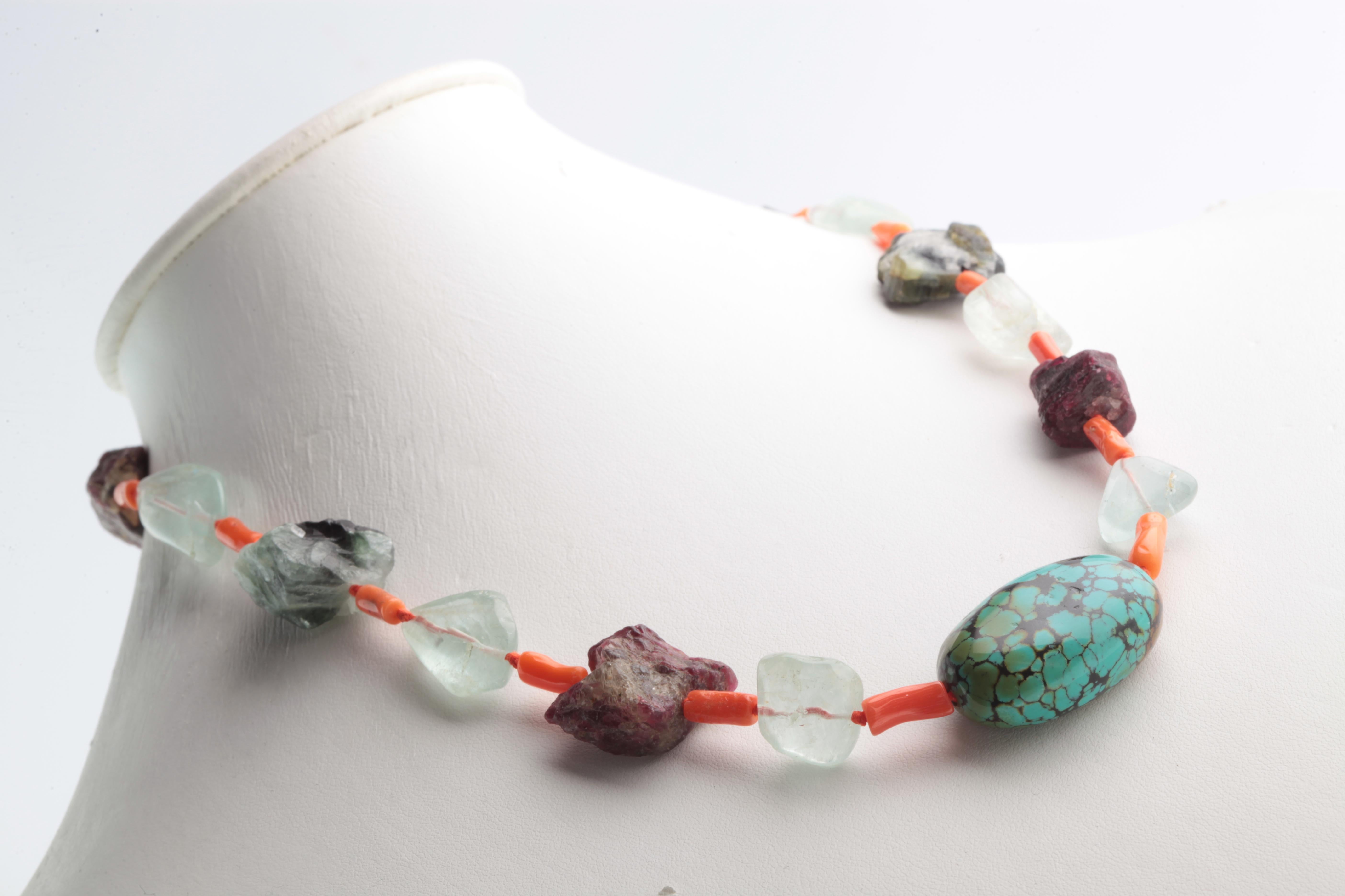 Mixed Cut Turquoise Tourmaline Coral Aquamarine Silver Assymetric Chocker Beaded Necklace For Sale