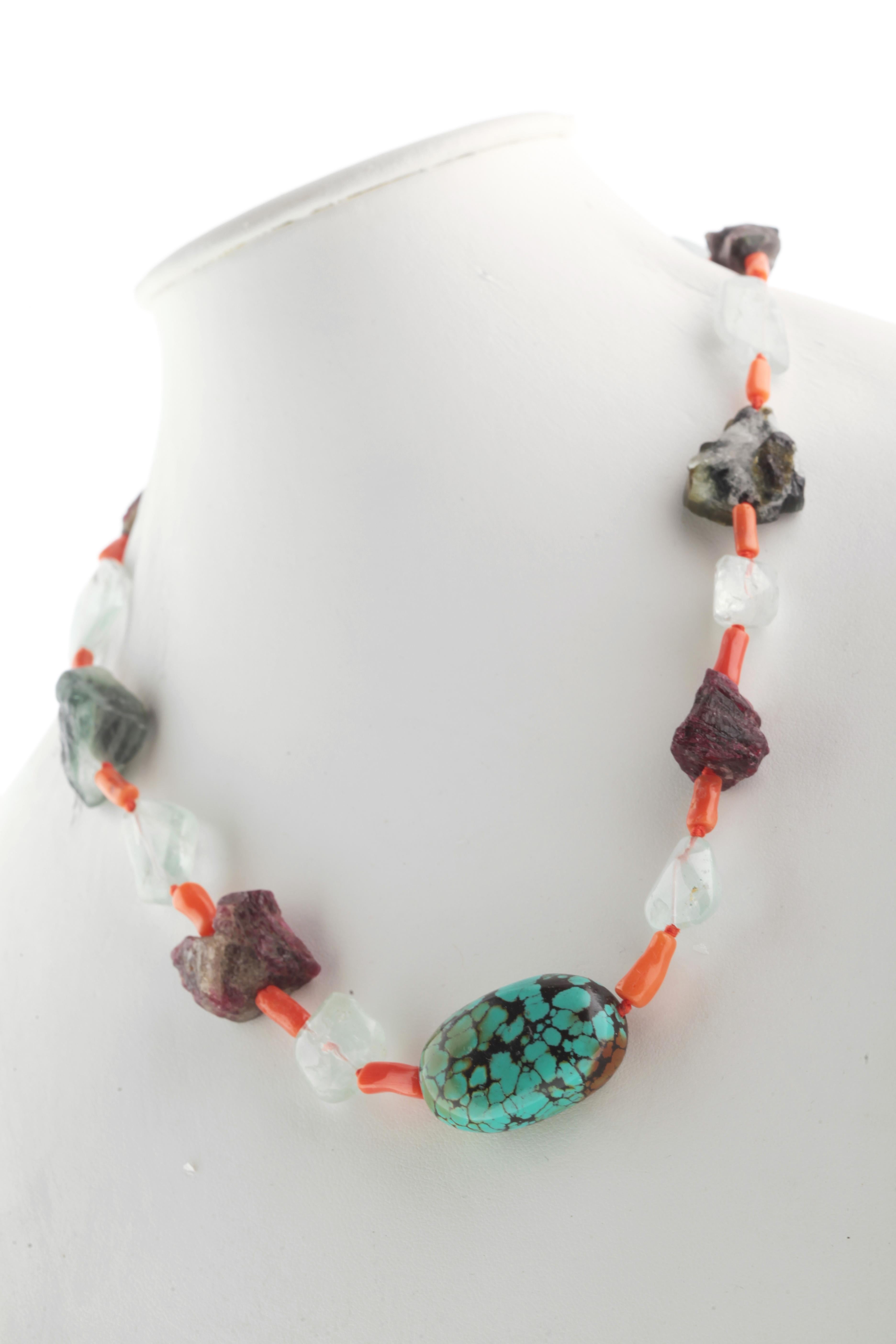 Turquoise Tourmaline Coral Aquamarine Silver Assymetric Chocker Beaded Necklace In New Condition For Sale In Milano, IT