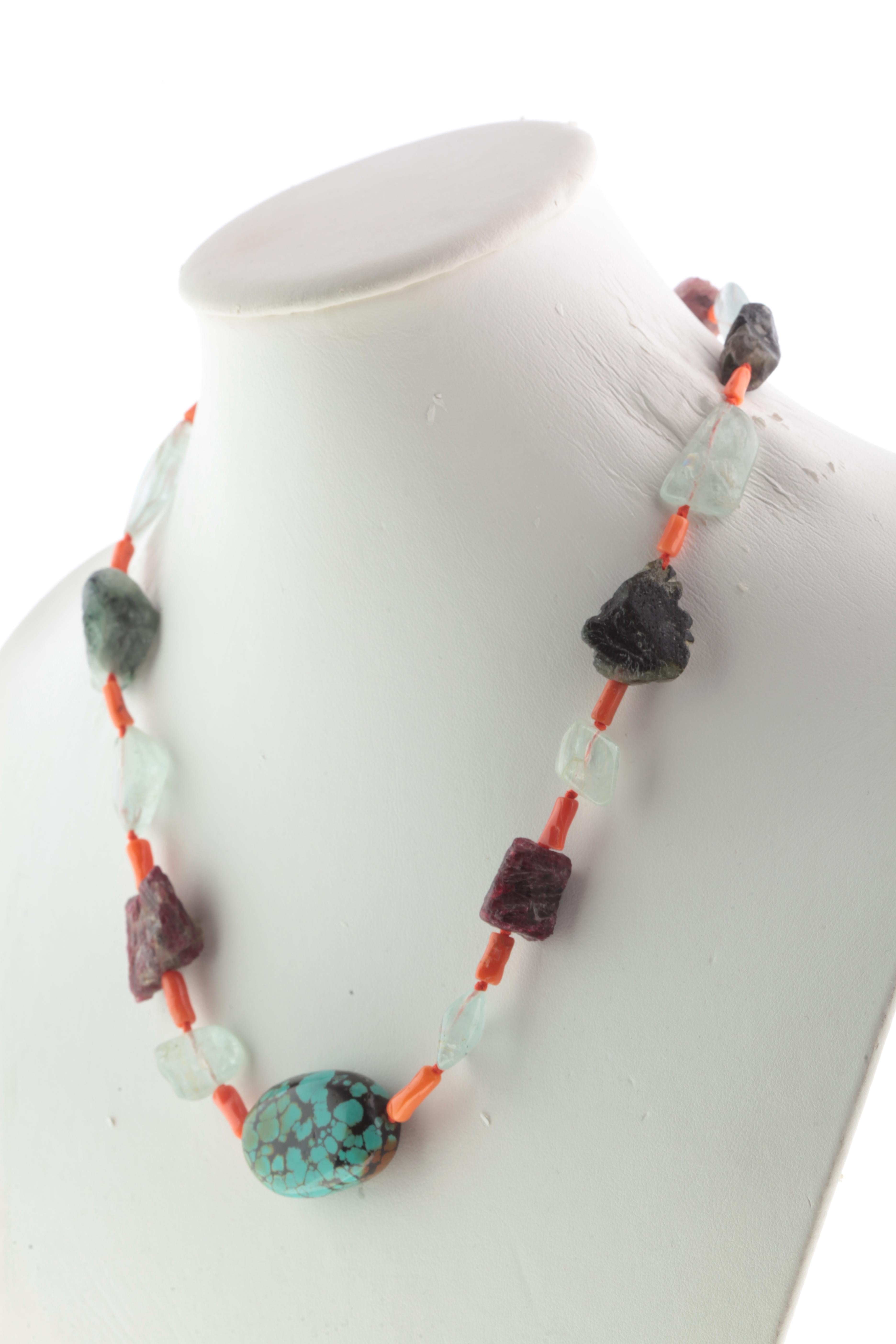 Women's Turquoise Tourmaline Coral Aquamarine Silver Assymetric Chocker Beaded Necklace For Sale