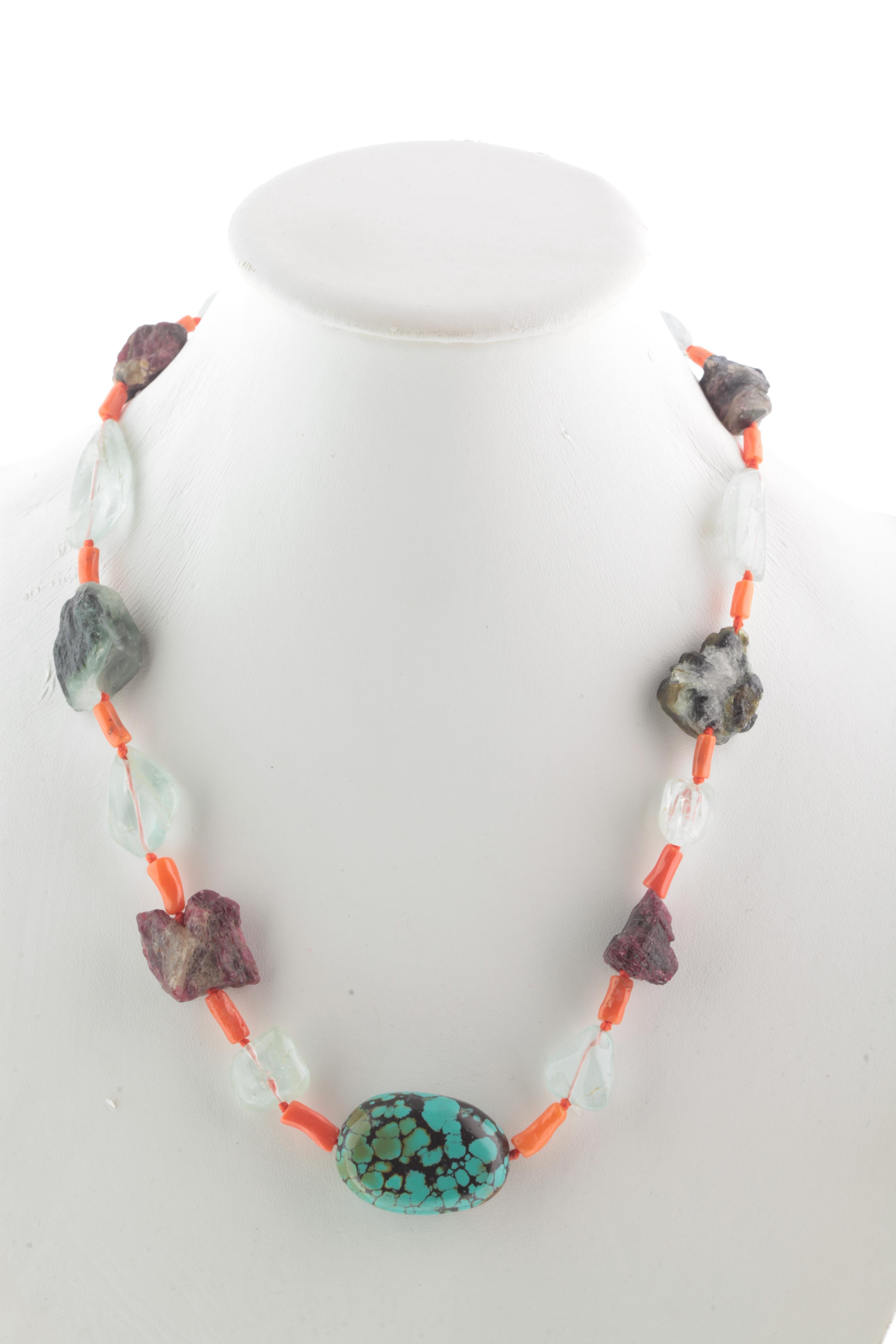 Turquoise Tourmaline Coral Aquamarine Silver Assymetric Chocker Beaded Necklace For Sale 2