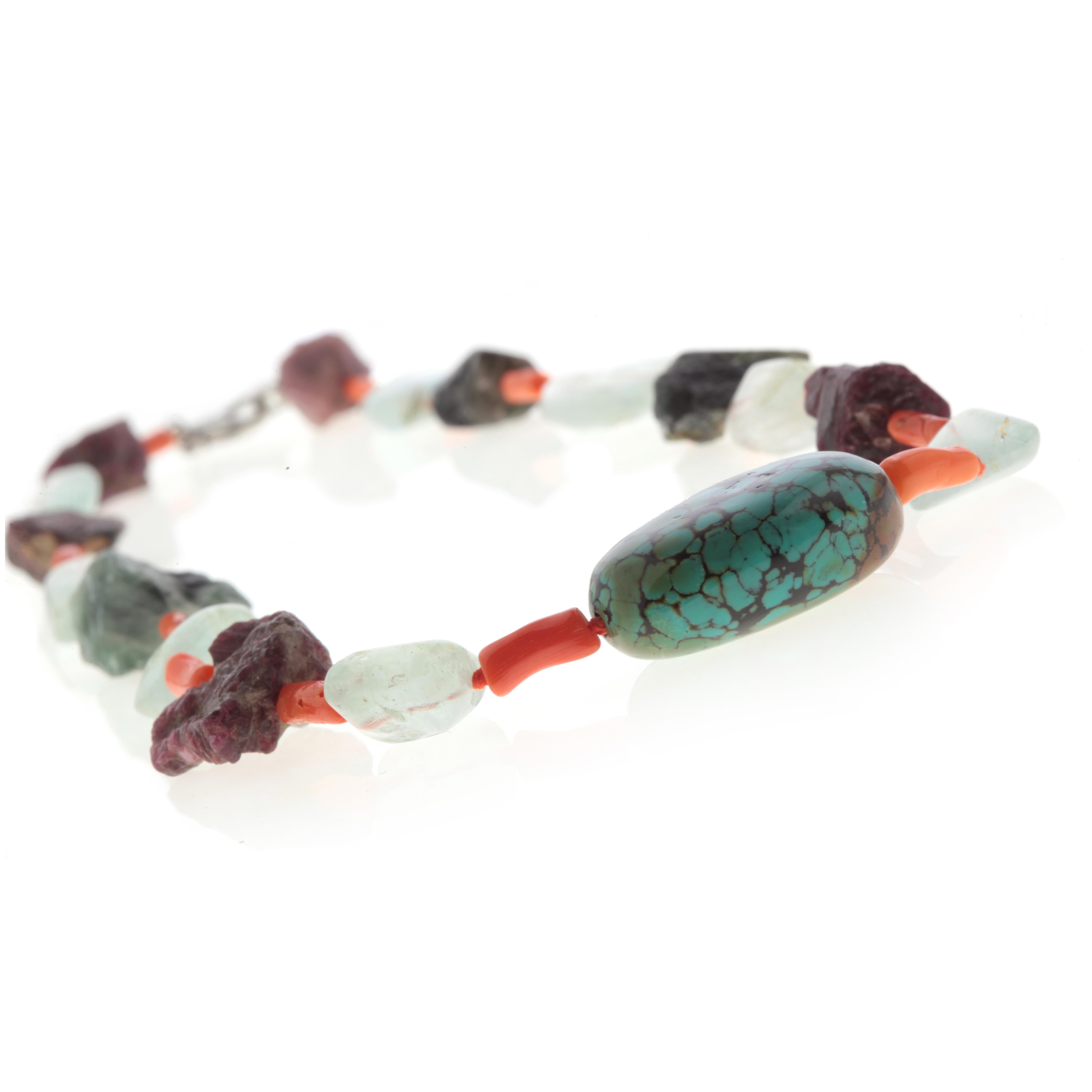 Turquoise Tourmaline Coral Aquamarine Silver Assymetric Chocker Beaded Necklace For Sale 3