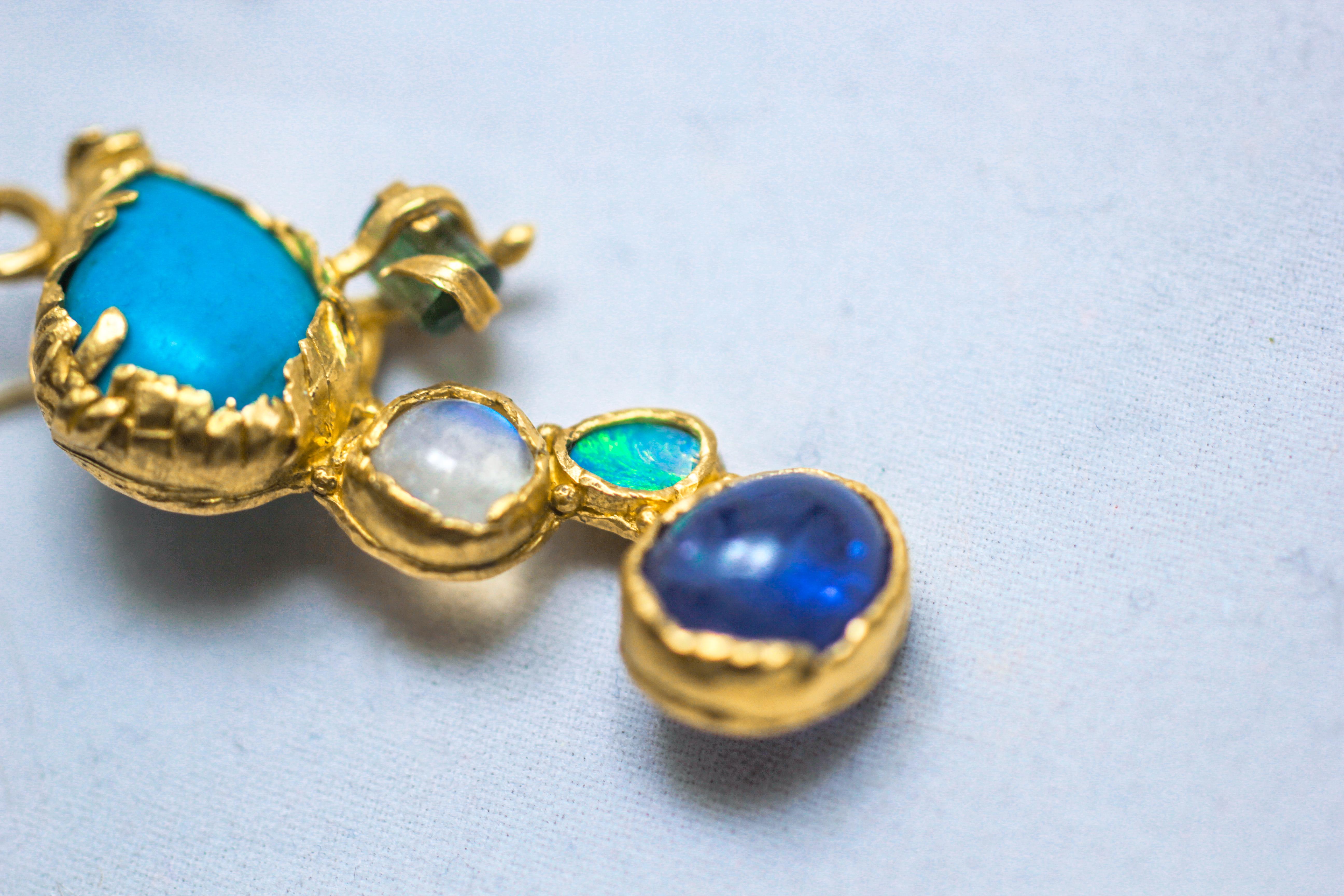 Turquoise Tourmaline Crystals 22k-21k Gold Handmade Dangle Drop Organic Earrings For Sale 1