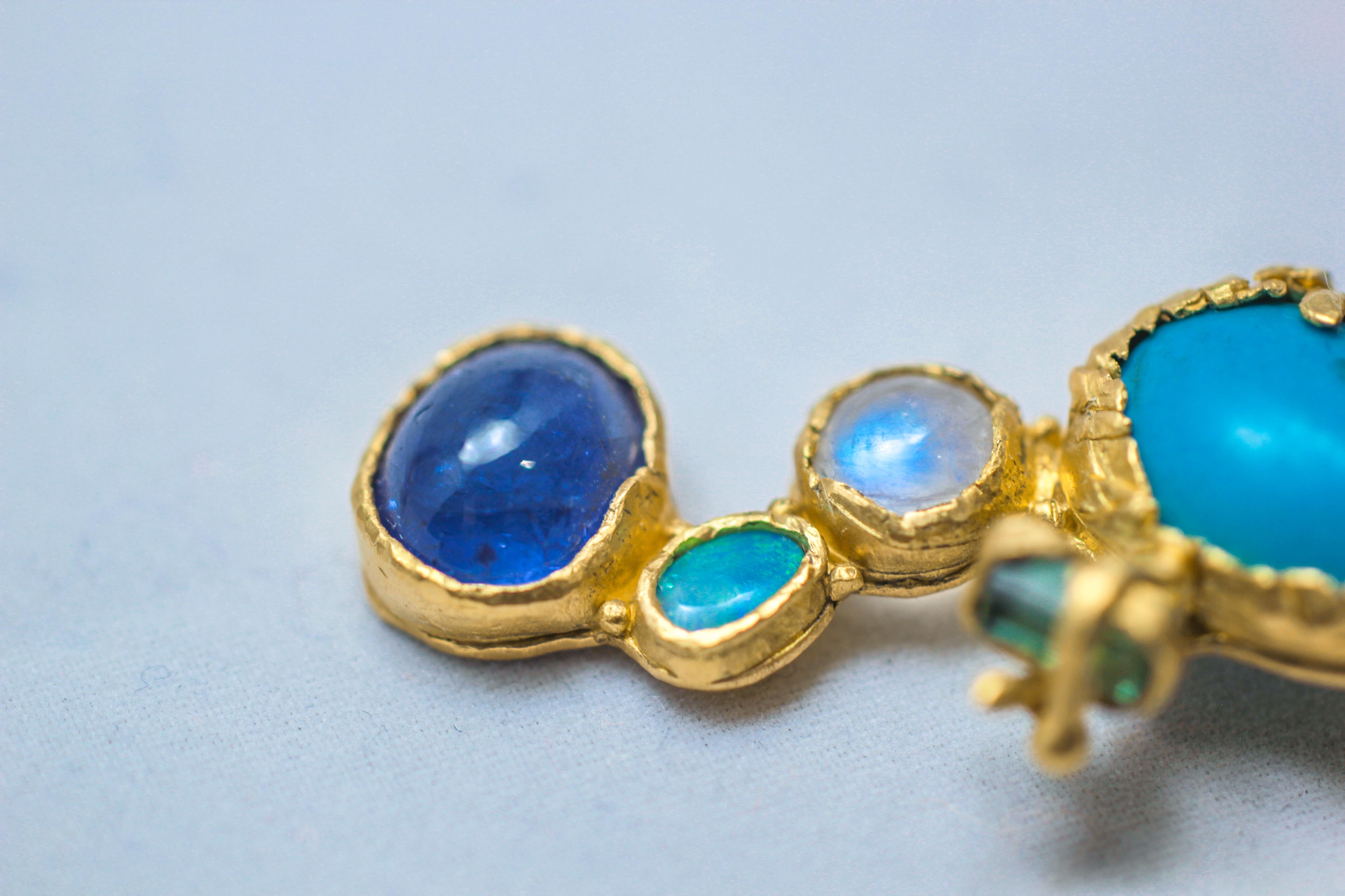 Women's Turquoise Tourmaline Crystals 22k-21k Gold Handmade Dangle Drop Organic Earrings For Sale