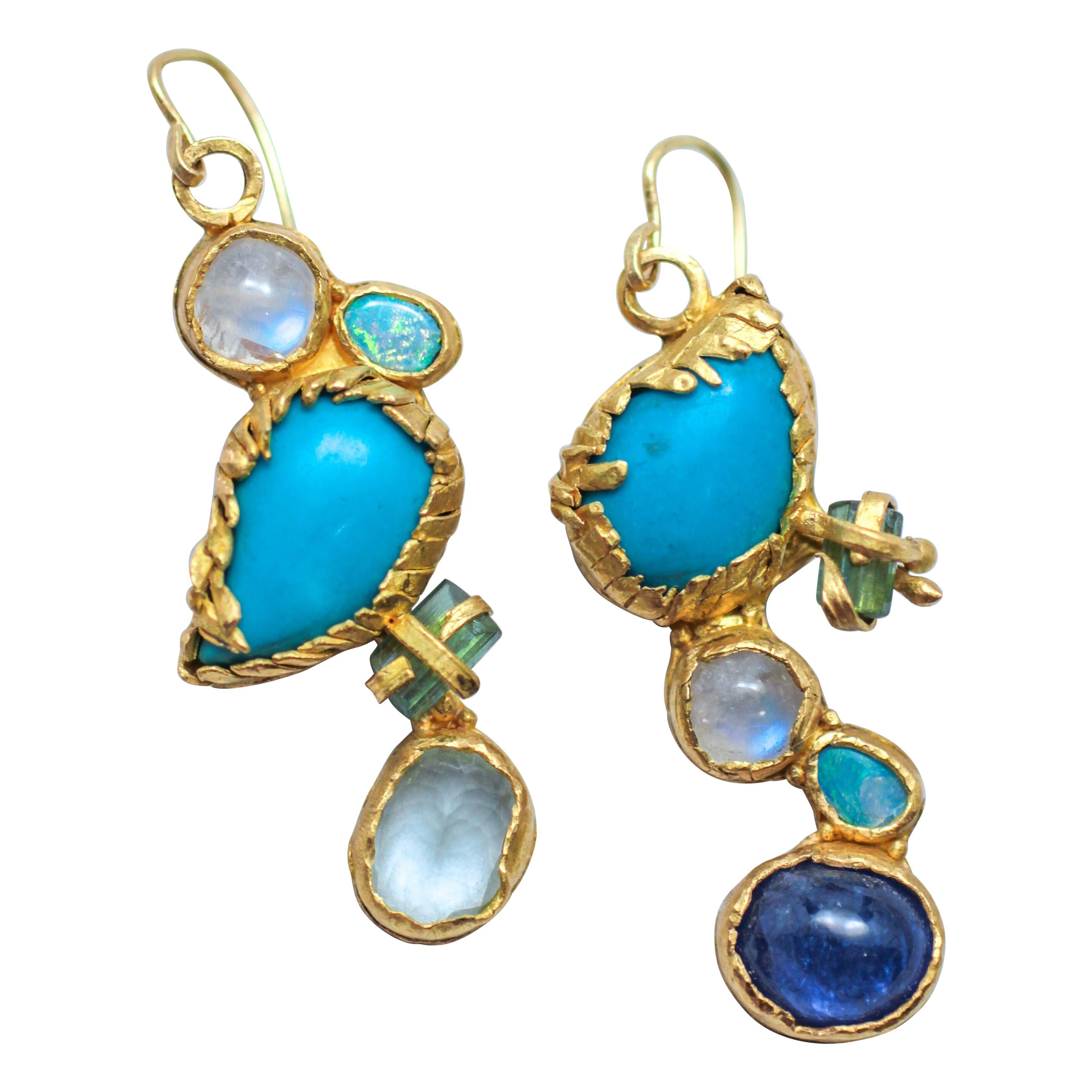 Turquoise Tourmaline Crystals 22k-21k Gold Handmade Dangle Drop Organic Earrings