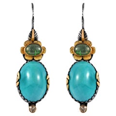 Turquoise Tourmaline Diamond 18K Gold Silver Dangle Earrings