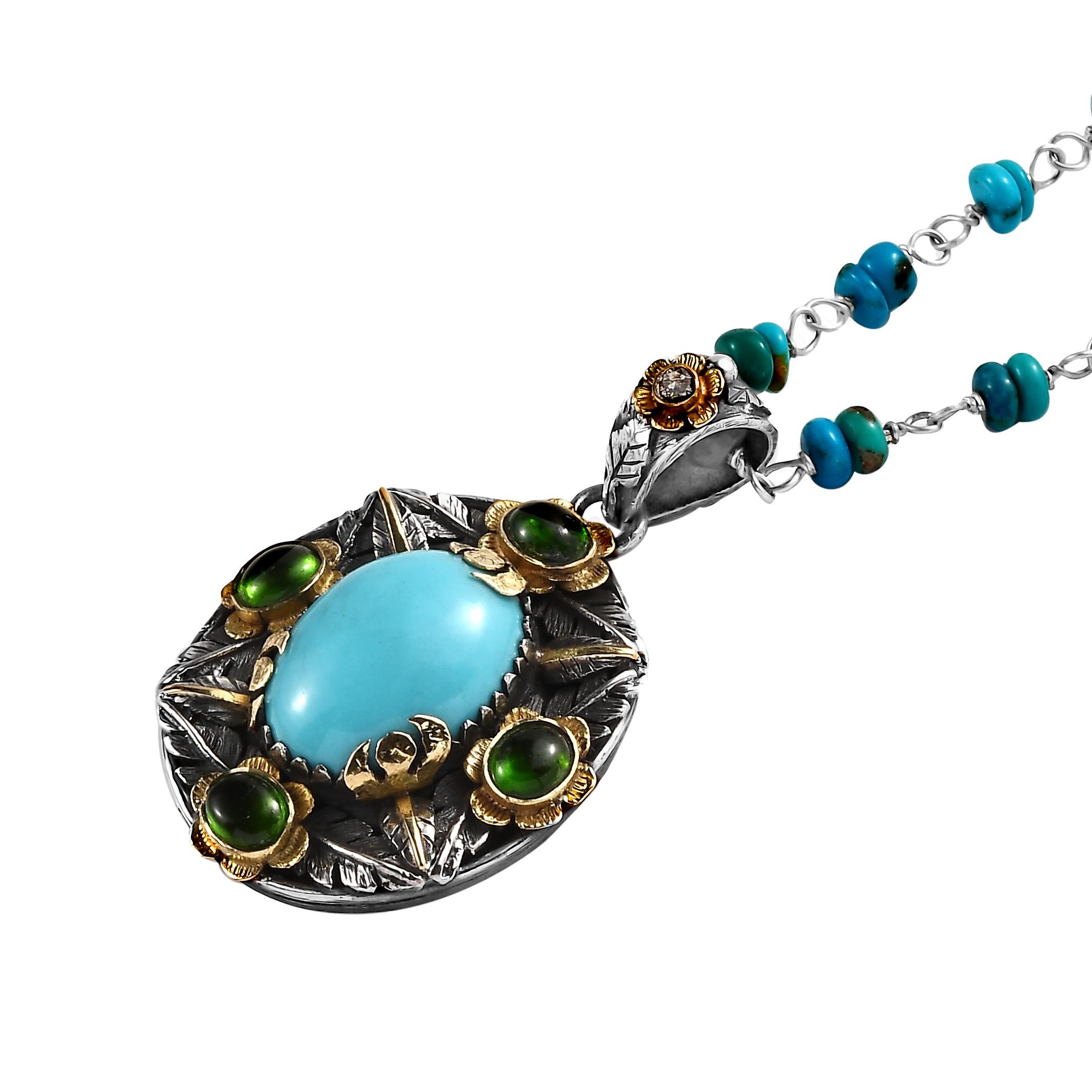 Ciondolo con tormalina turchese e diamante in oro 18 carati e argento in vendita 1