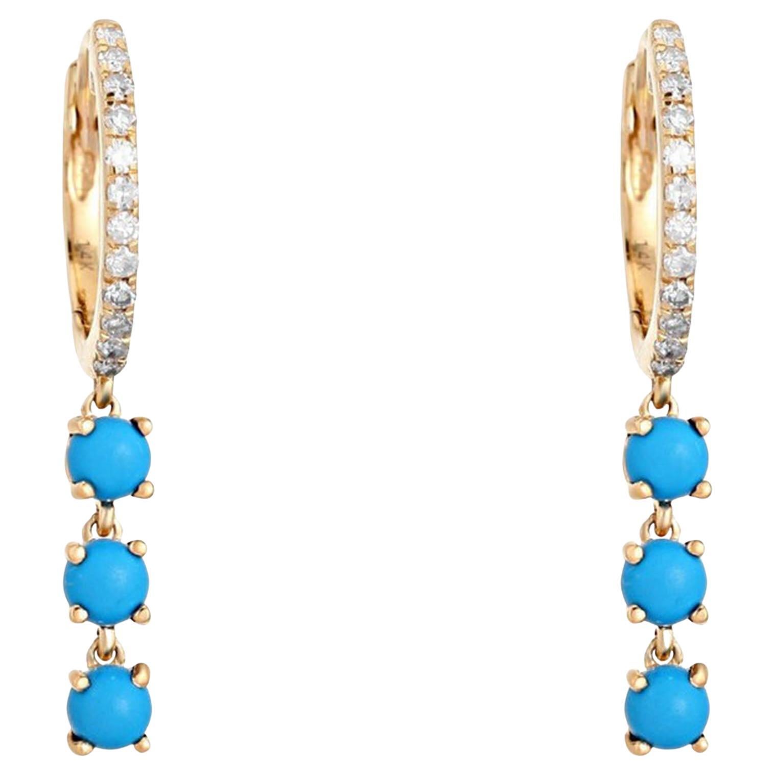 Turquoise Trio Drop 14K (or 18k upon request) Yellow Gold Diamond Hoops Earrings For Sale