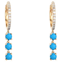 Turquoise Trio Drop 14K (or 18k upon request) Yellow Gold Diamond Hoops Earrings