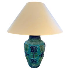Vintage Turquoise Tropical Motif Single Lamp With Shade, France, Mid Century